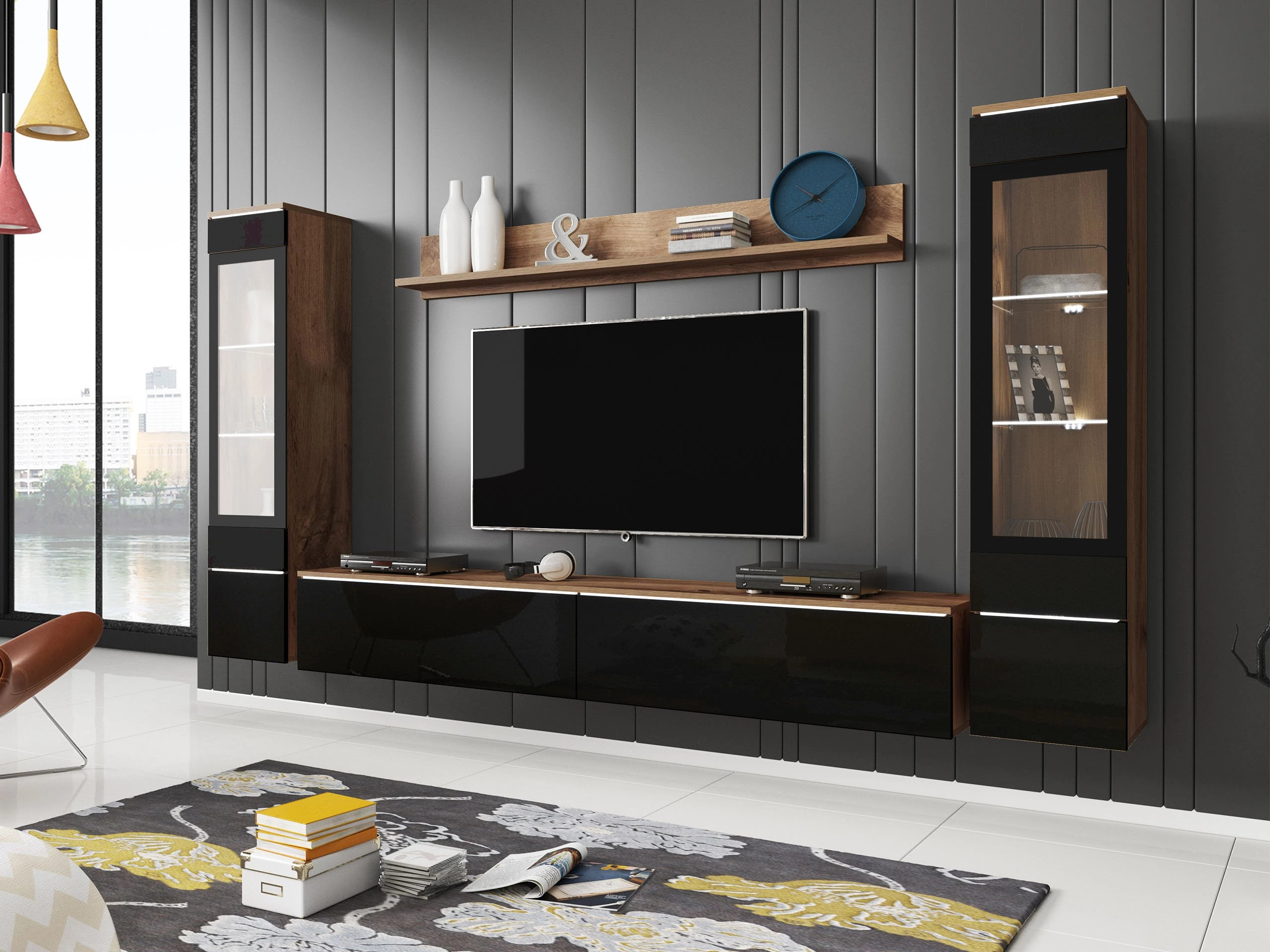 Woonkamerset Sarasota 126 (Wotan eik + Glanzend zwart)