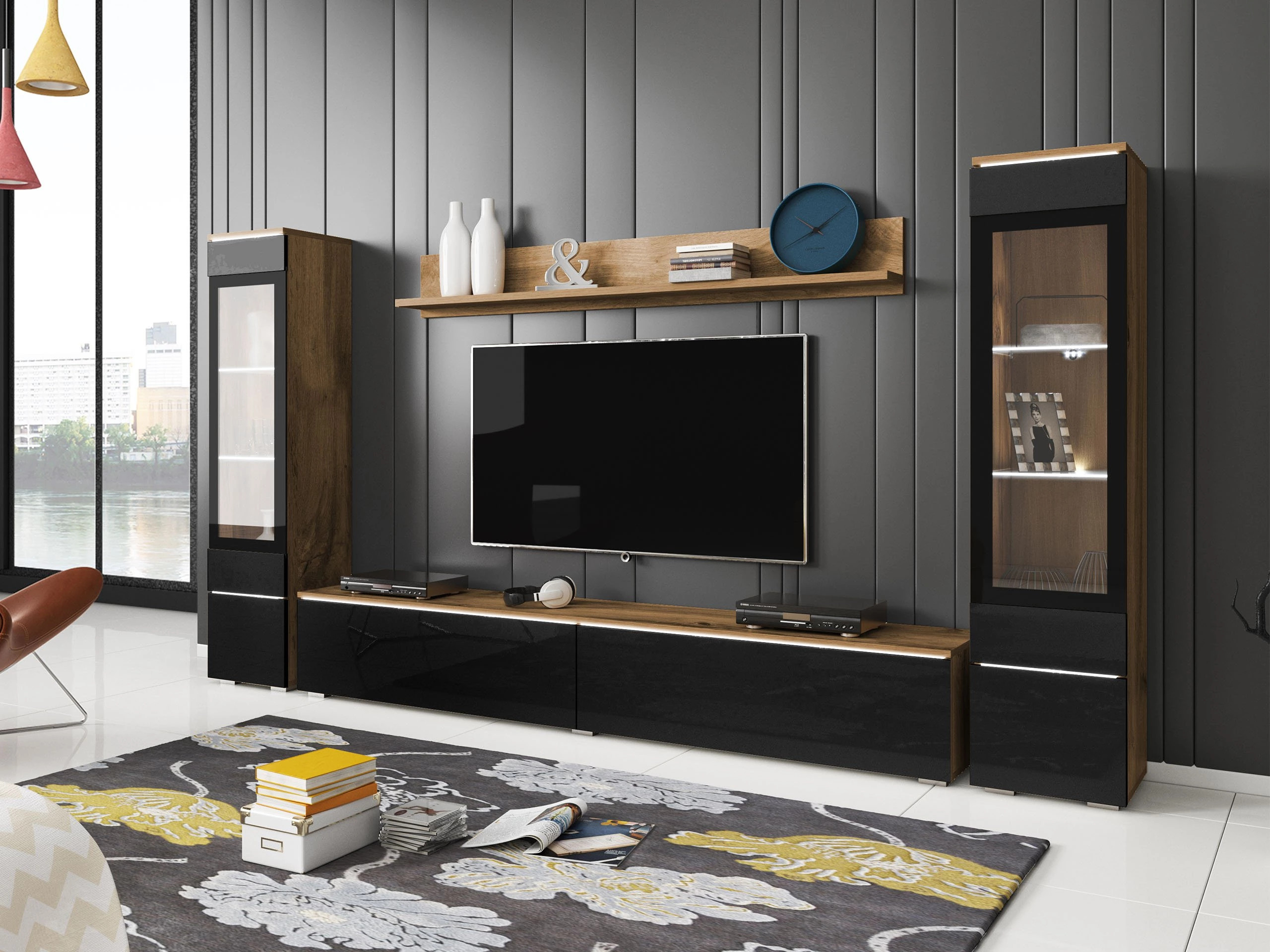 Woonkamerset Sarasota 126 (Wotan eik + Glanzend zwart)