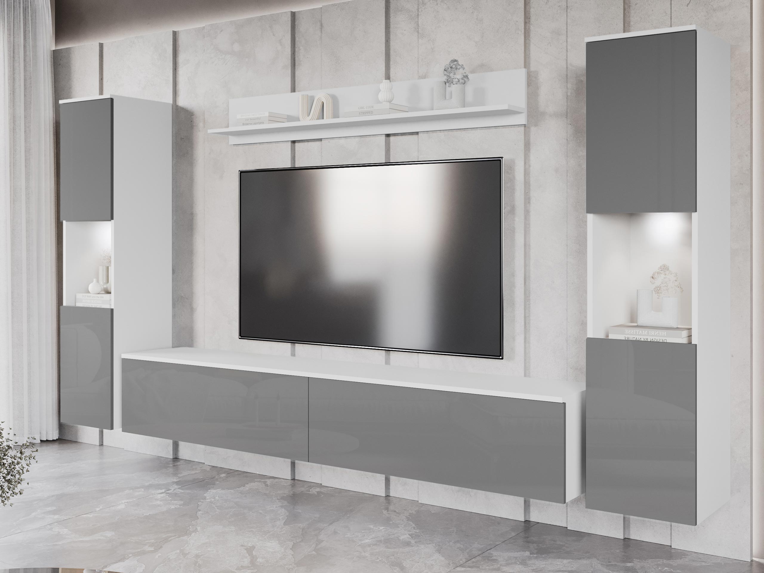 Woonkamerset Sarasota 131 (Wit + Glanzend grijs)