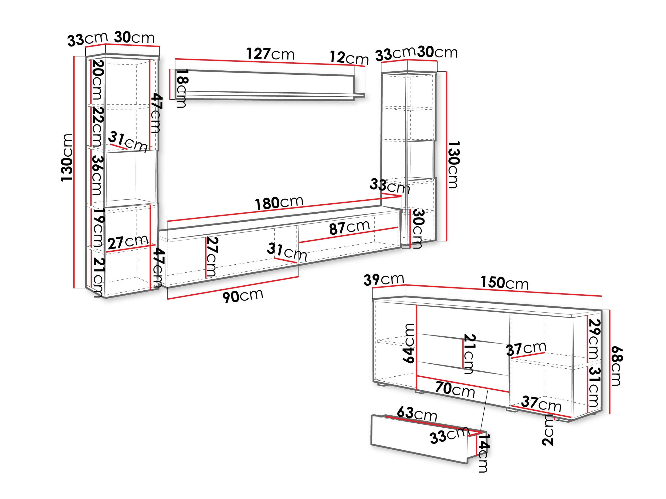 Woonkamerset Sarasota 133 (Wit + Glanzend wit)