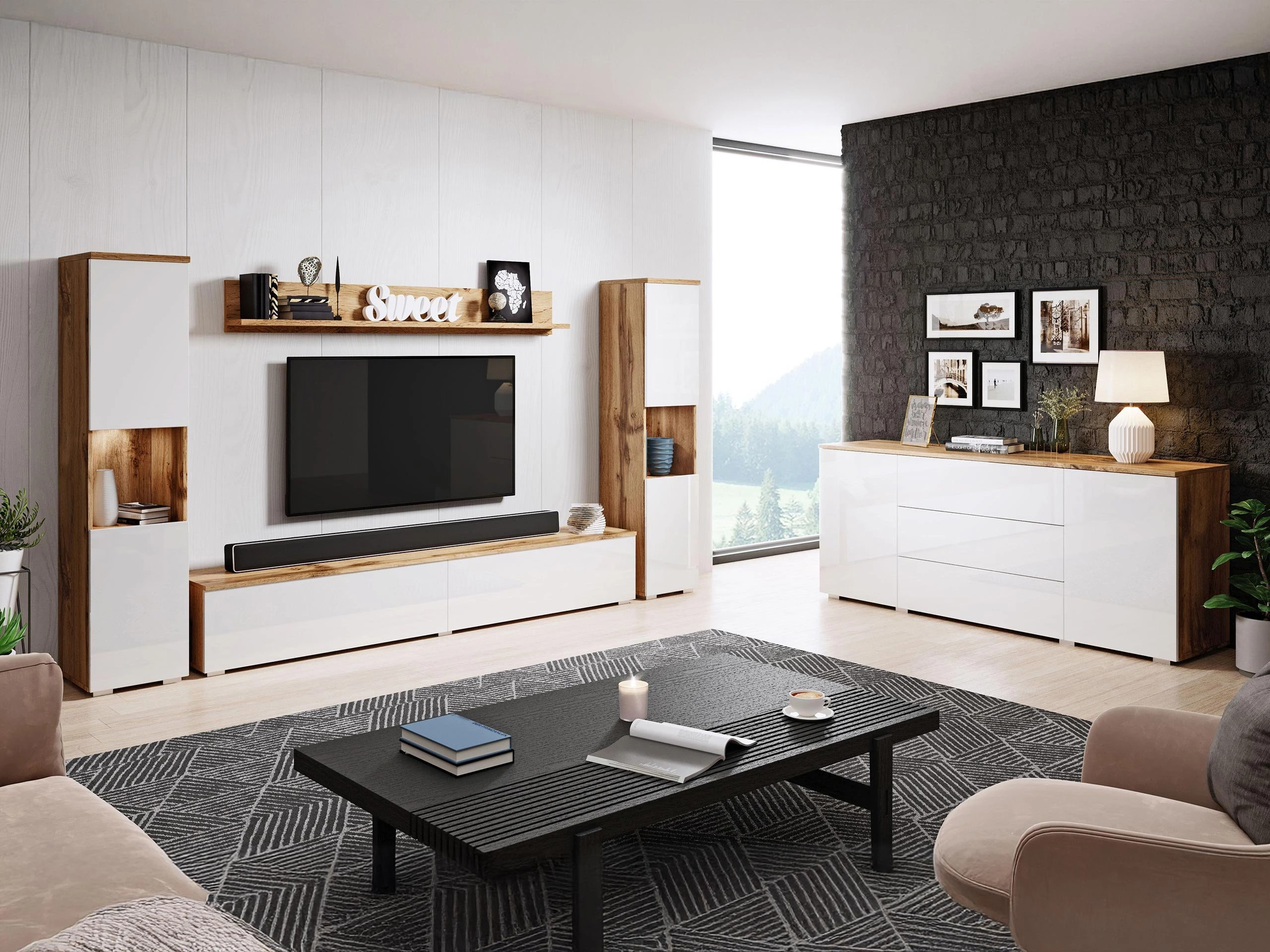 Woonkamerset Sarasota 133 (Wotan eik + Glanzend wit)