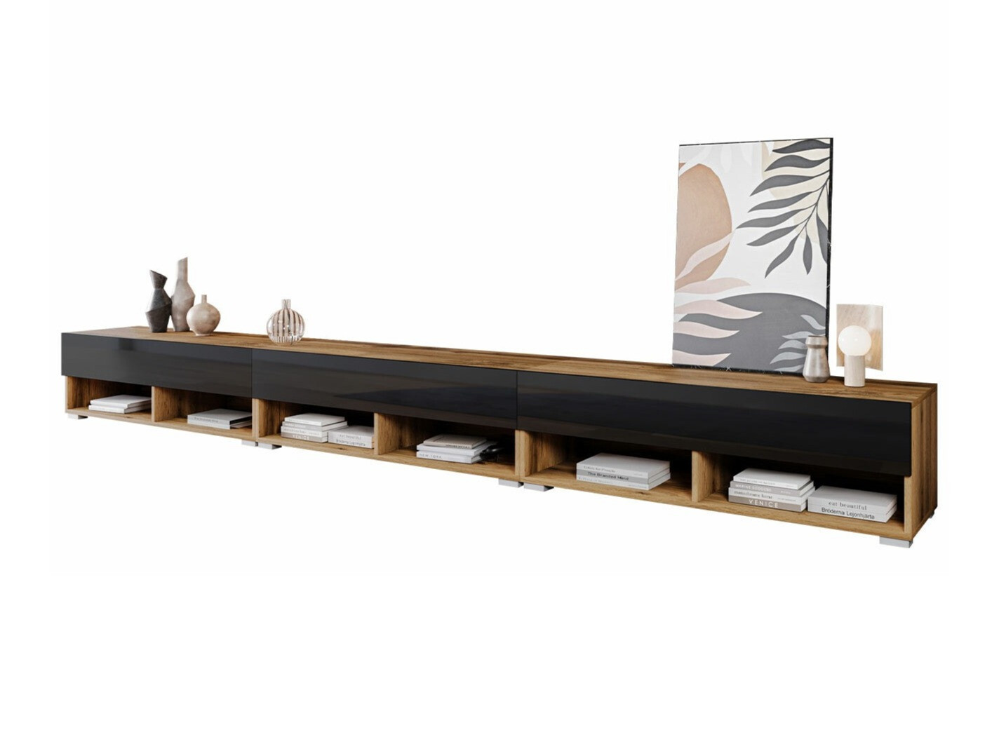 TV-meubel Sarasota 144 (Wotan eik + Glanzend zwart)