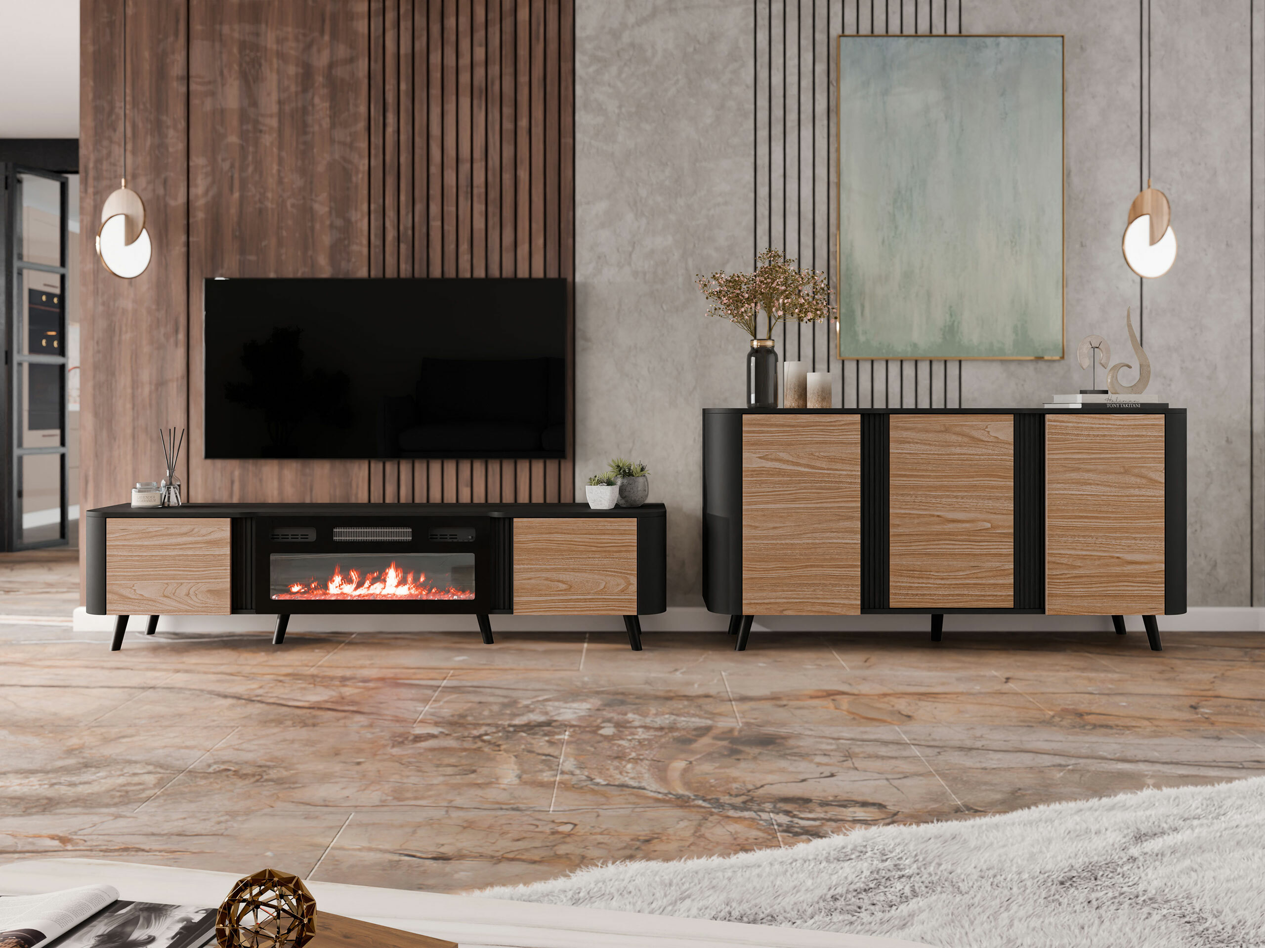 Woonkamerset Charlotte 204 (Zwart + Notenhout)