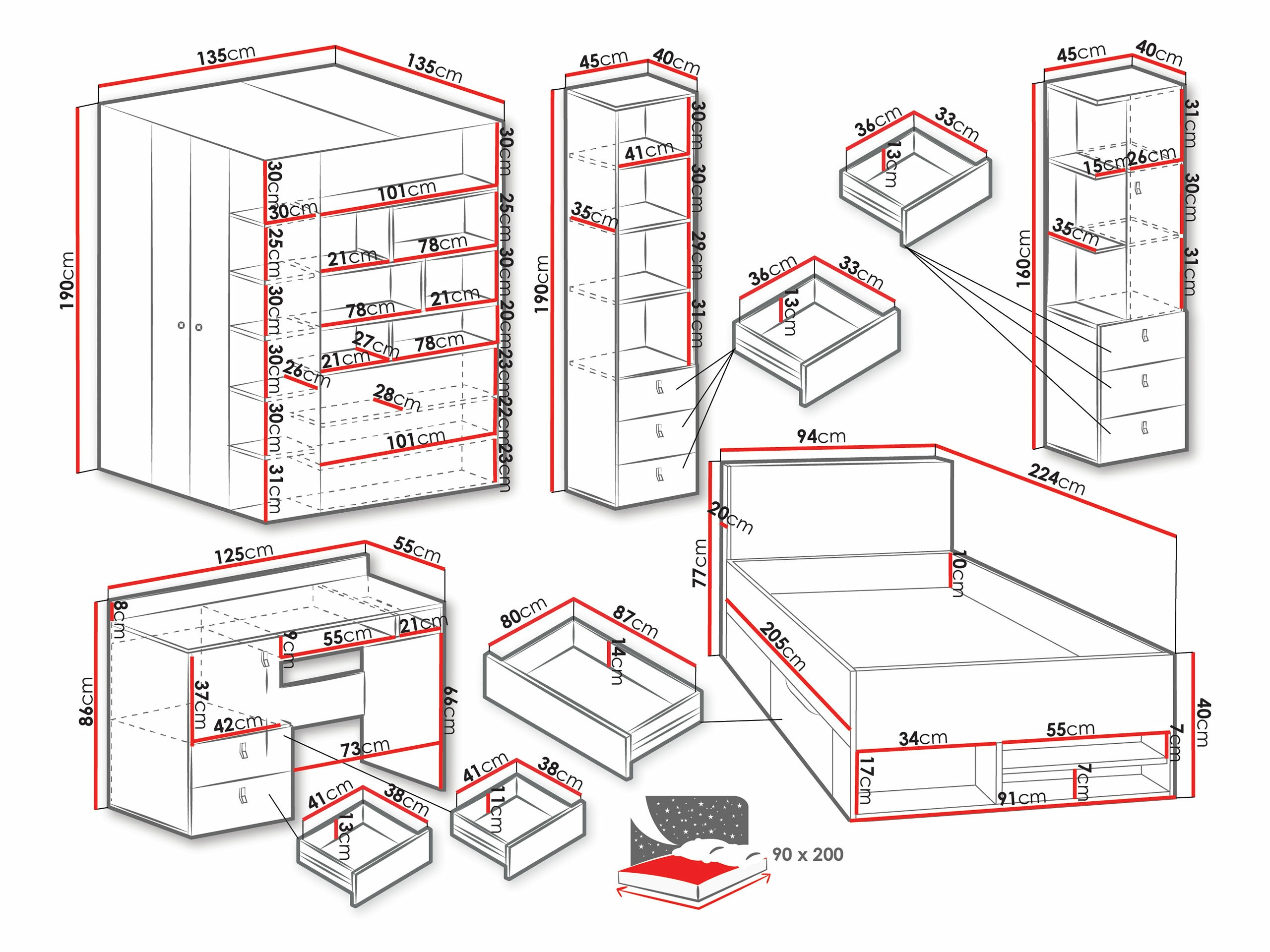 De reeks van de kinderkamer Camteso 115 (Wit + Eiken + Turquoise)