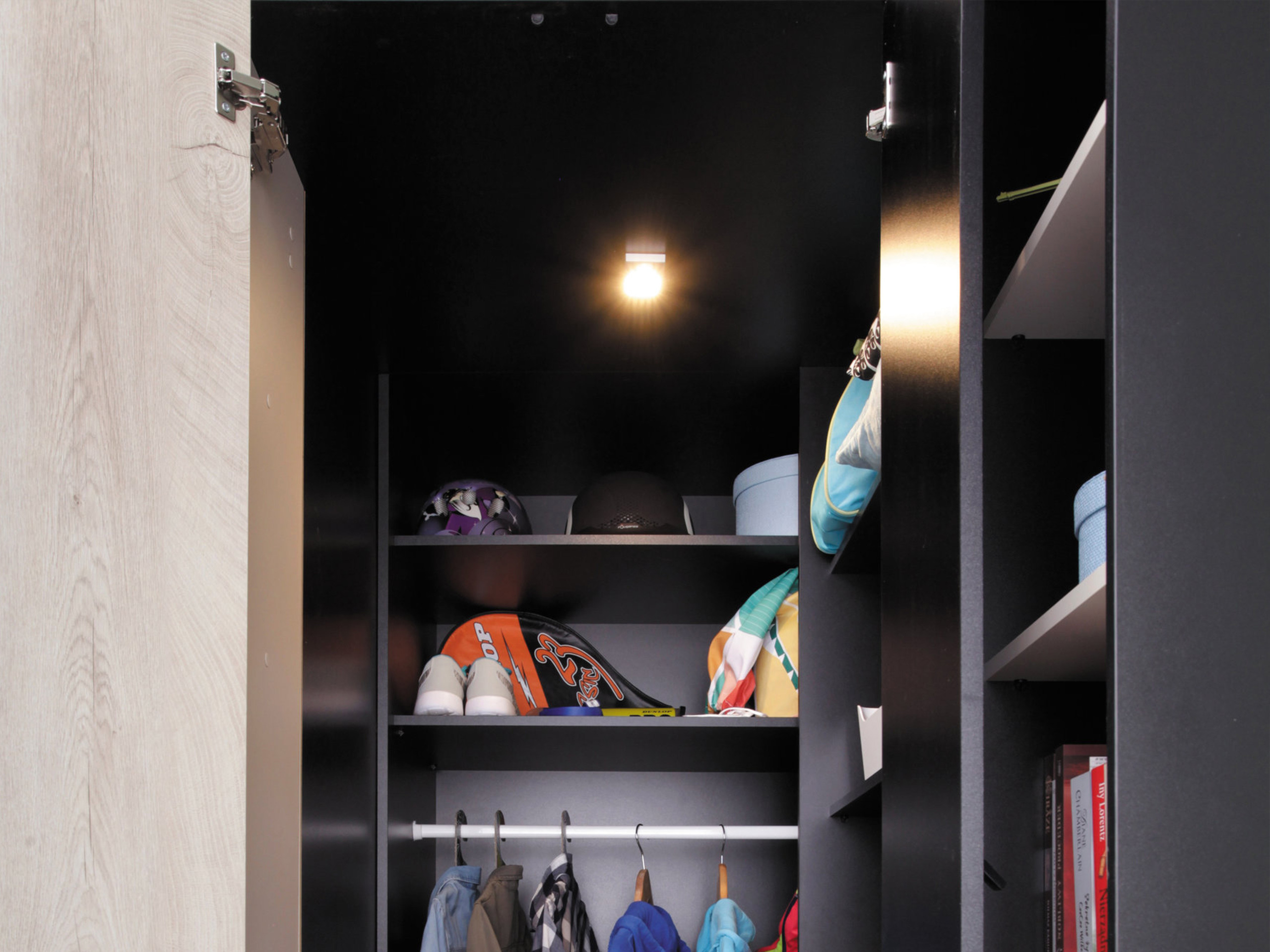 Hoekkledingkast Camteso 113 (Zwart + Eiken + Beige)