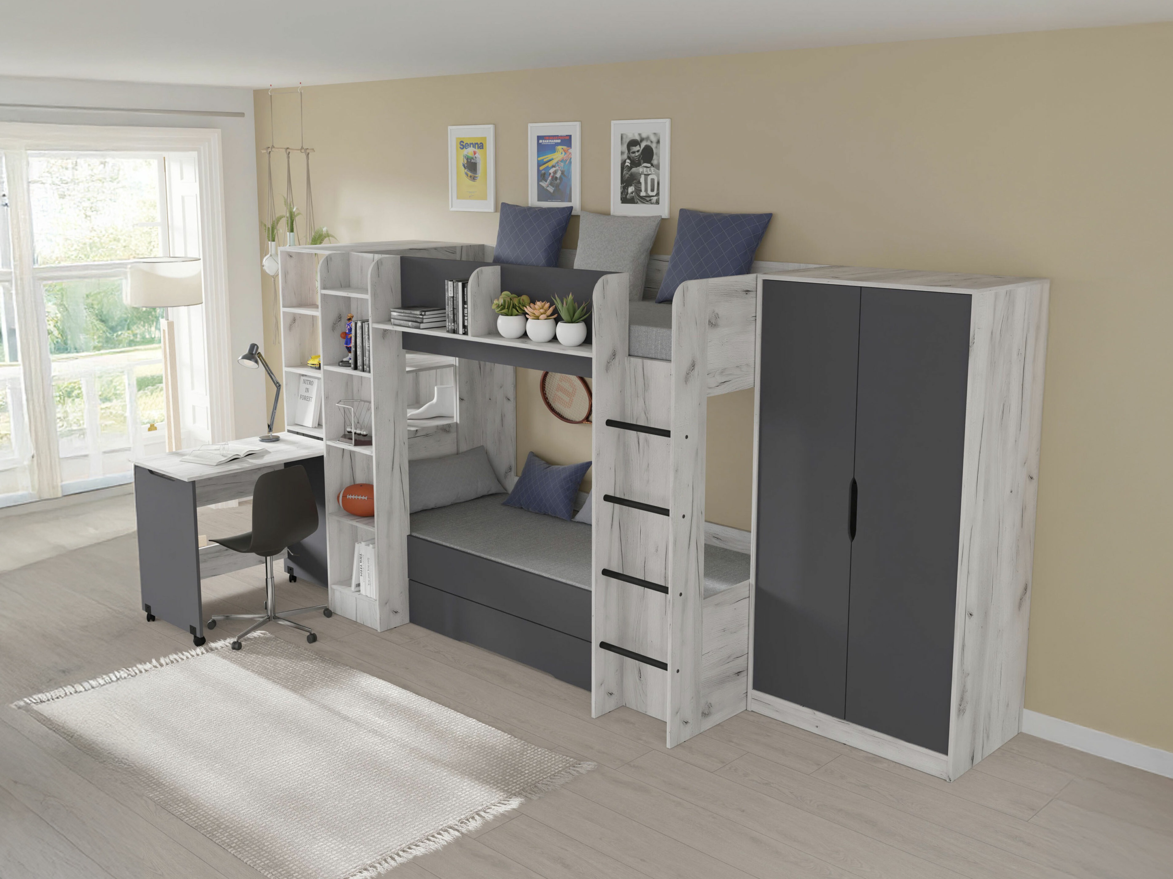 De reeks van de kinderkamer Elitenu 104 (Ambachtelijk wit + Grafiet)