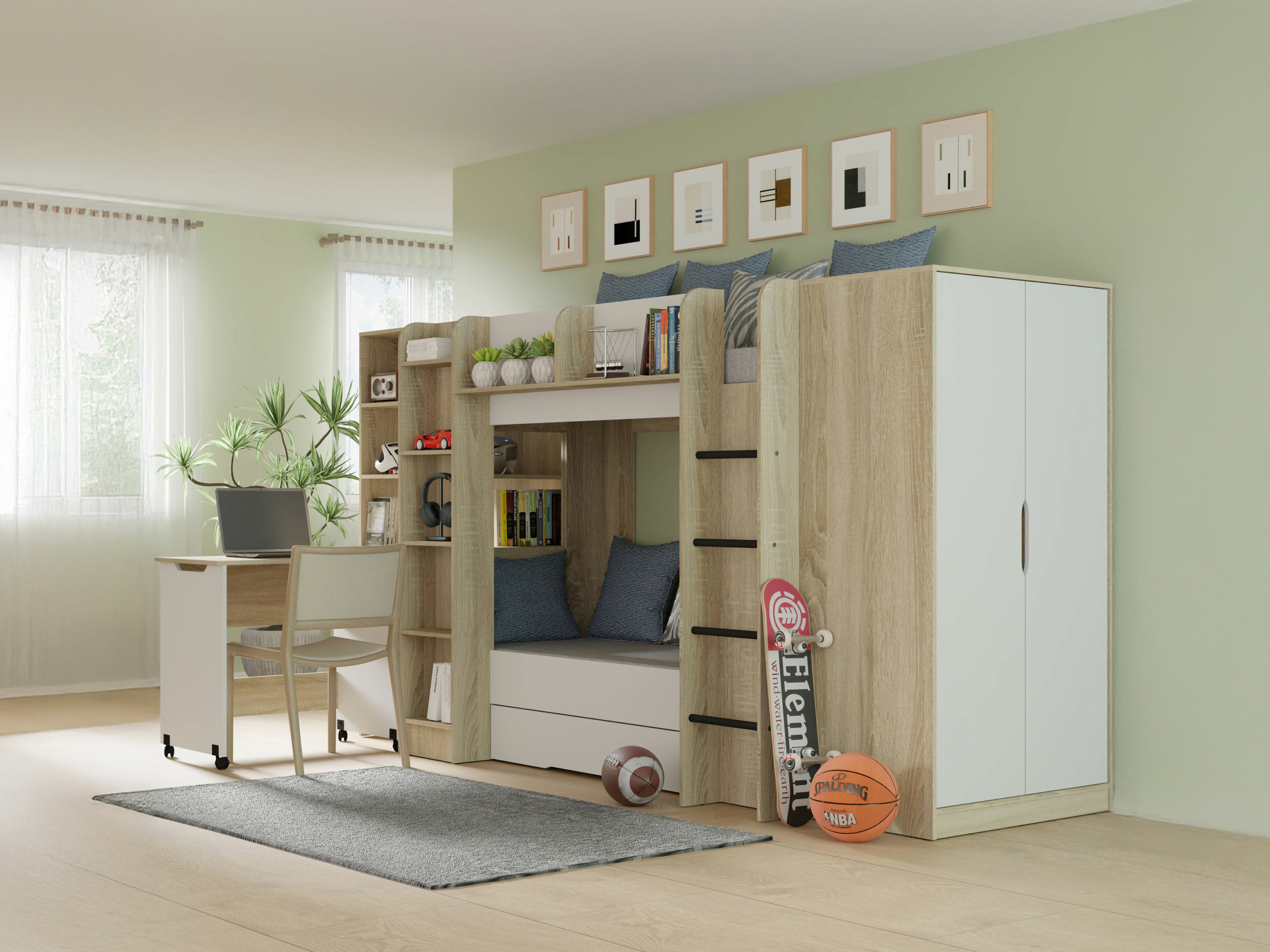 De reeks van de kinderkamer Elitenu 104 (Sonoma eik + Wit)