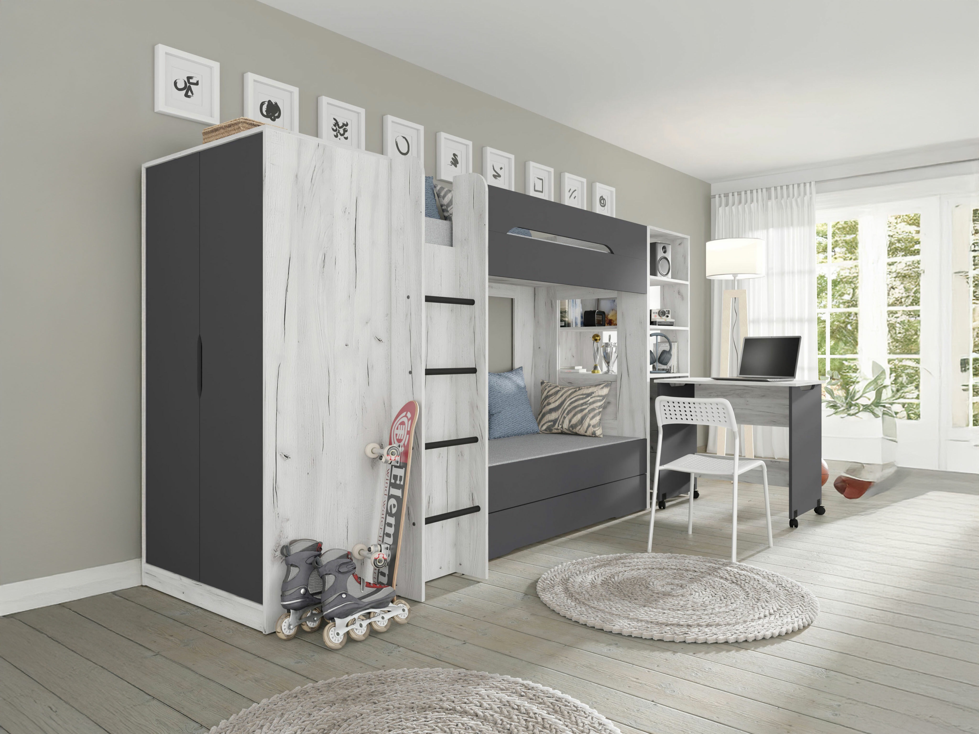 De reeks van de kinderkamer Elitenu 105 (Ambachtelijk wit + Grafiet)