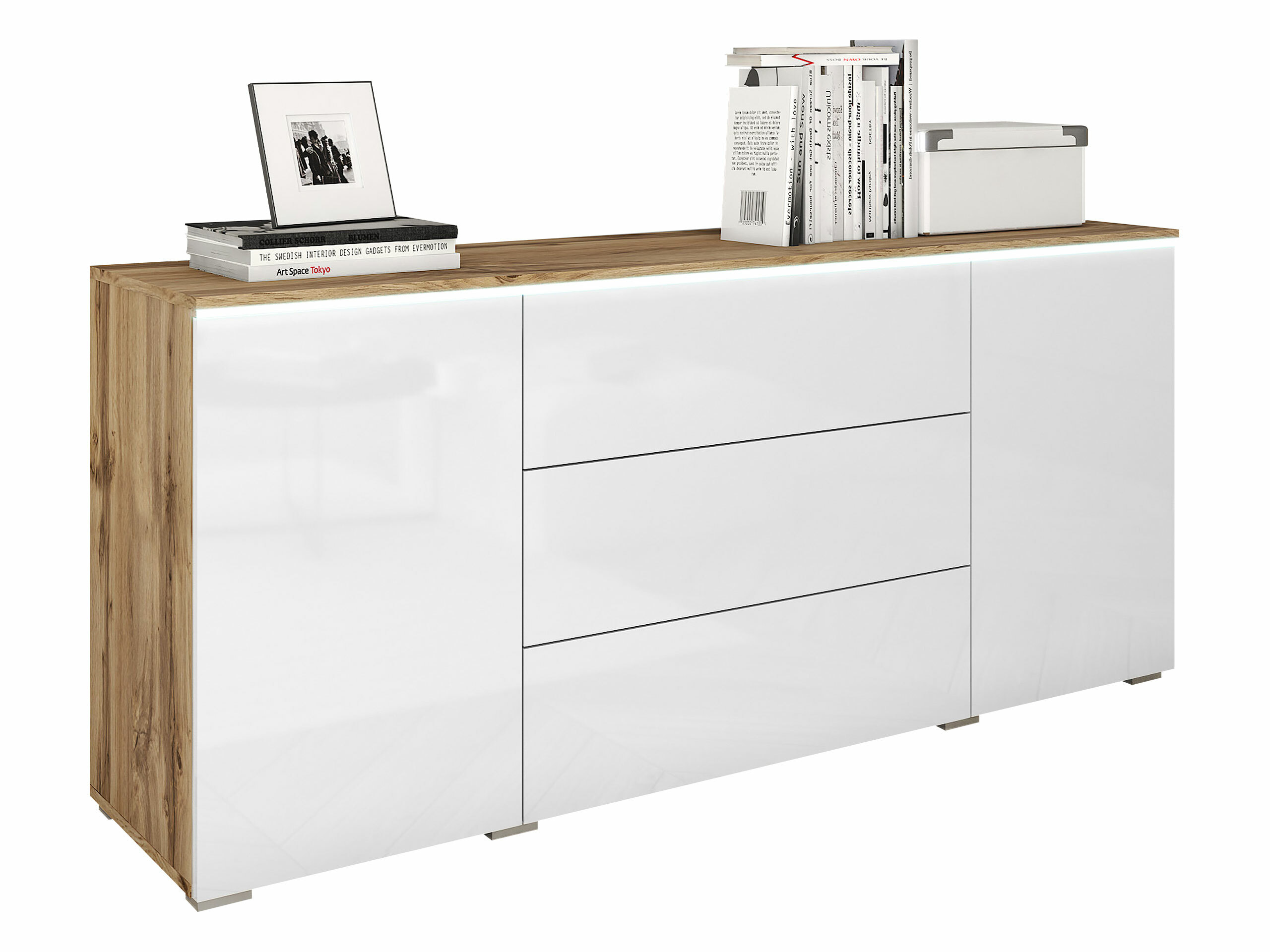 Ladekast Mirfivo 102 (Wotan eik + Glanzend wit)