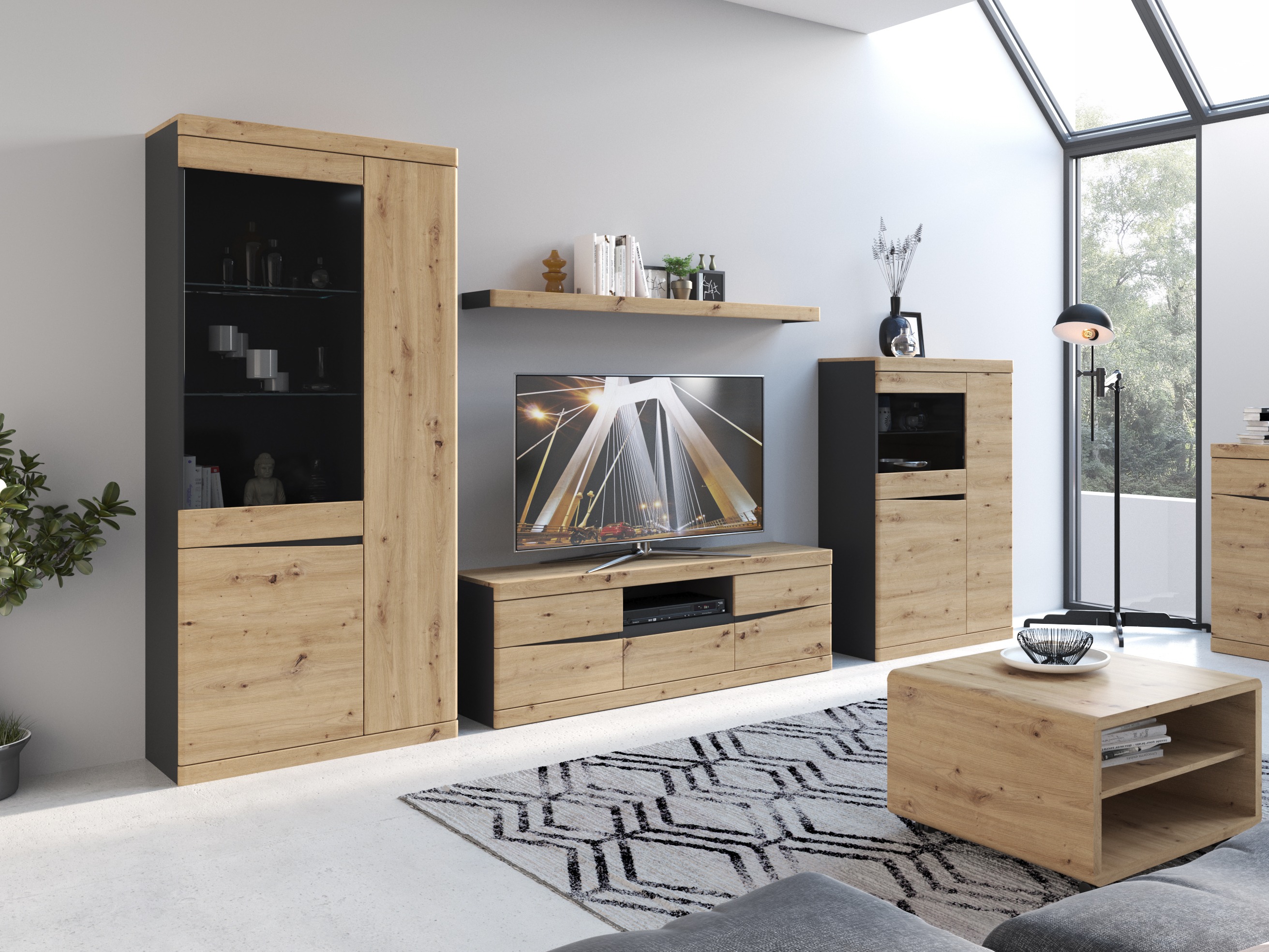 Boekenkast Venlori 128 (Antraciet + Artisan eiken)