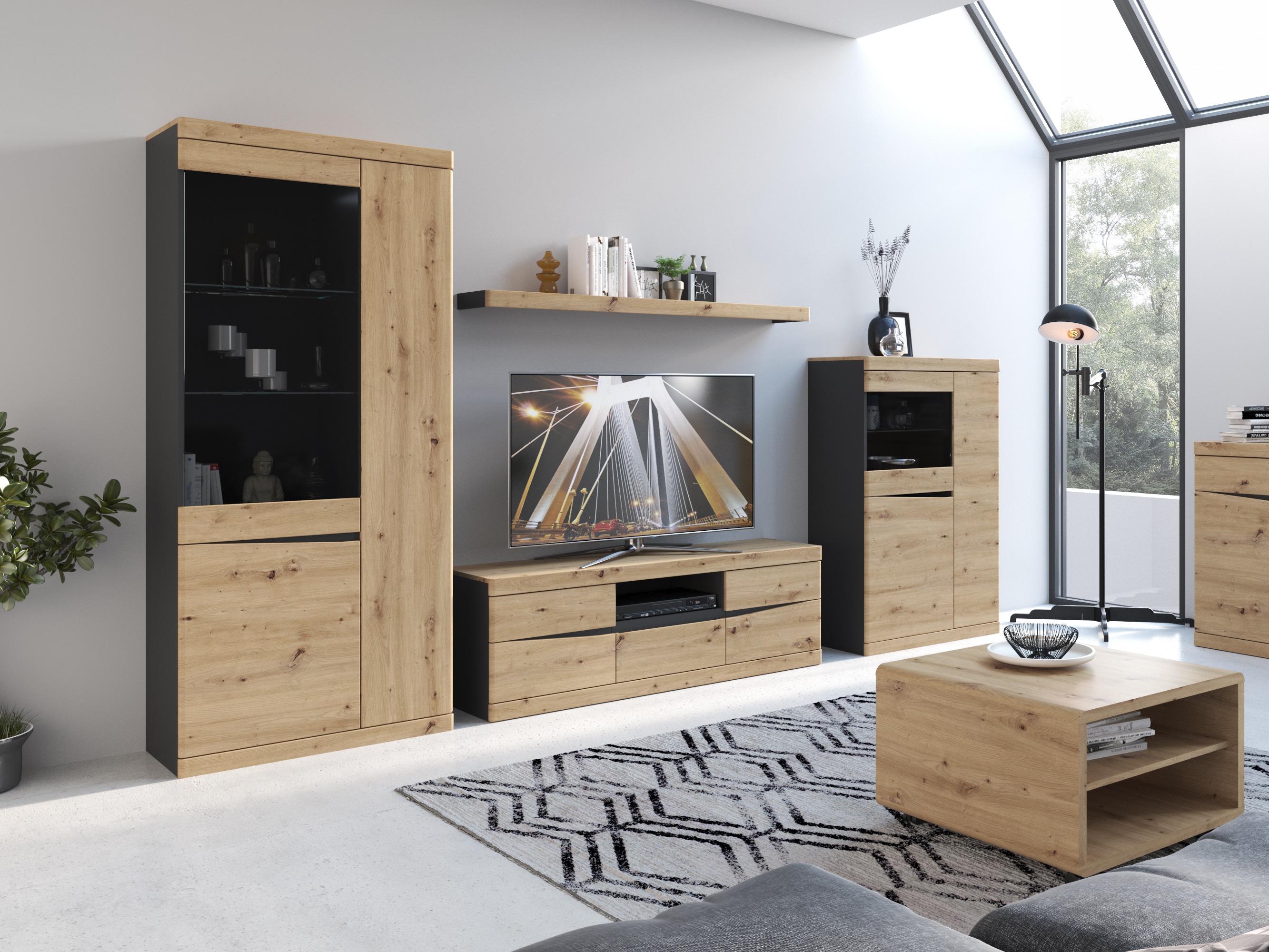 Boekenkast Venlori 129 (Antraciet + Artisan eiken)