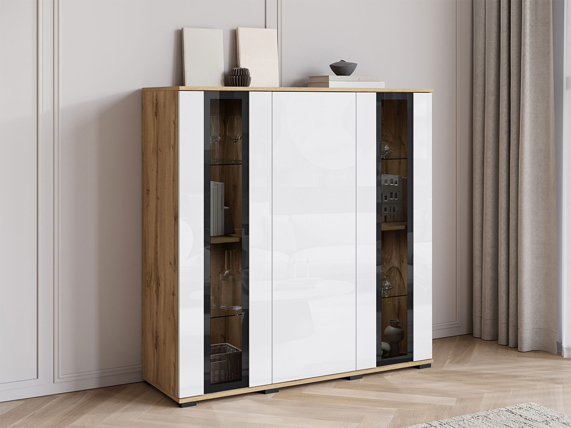 Dressoir Torcame 100 (Wotan eik + Glanzend wit)