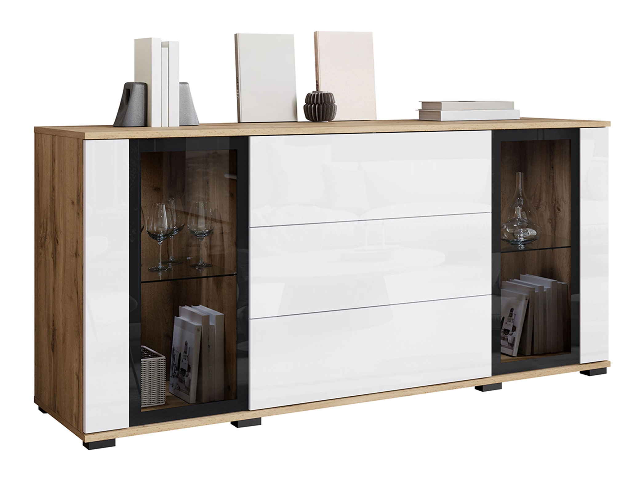 Ladekast Torcame 101 (Wotan eik + Glanzend wit)