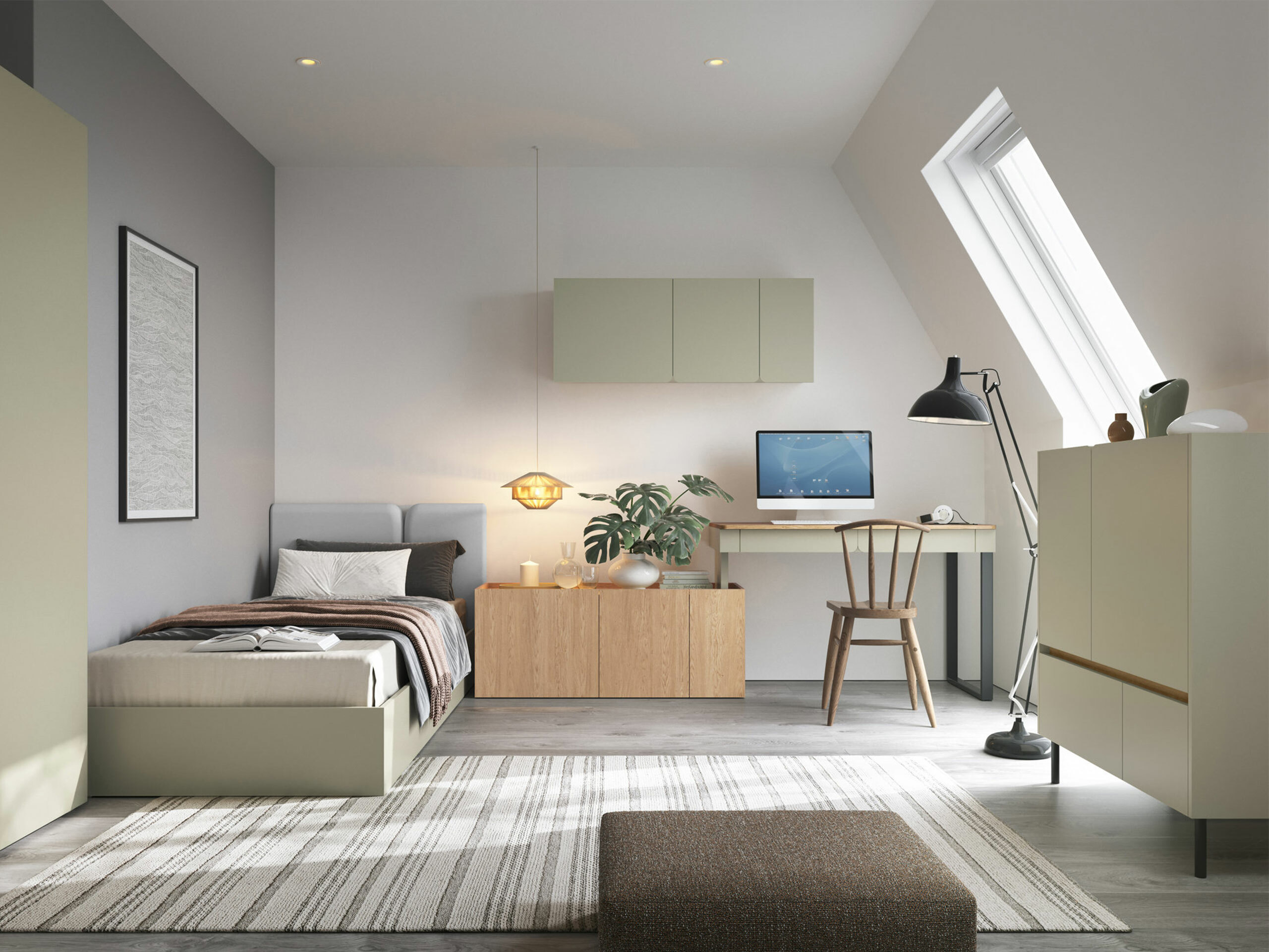 Wandkast Fiosono 111 (Stoffig groen + Eiken)