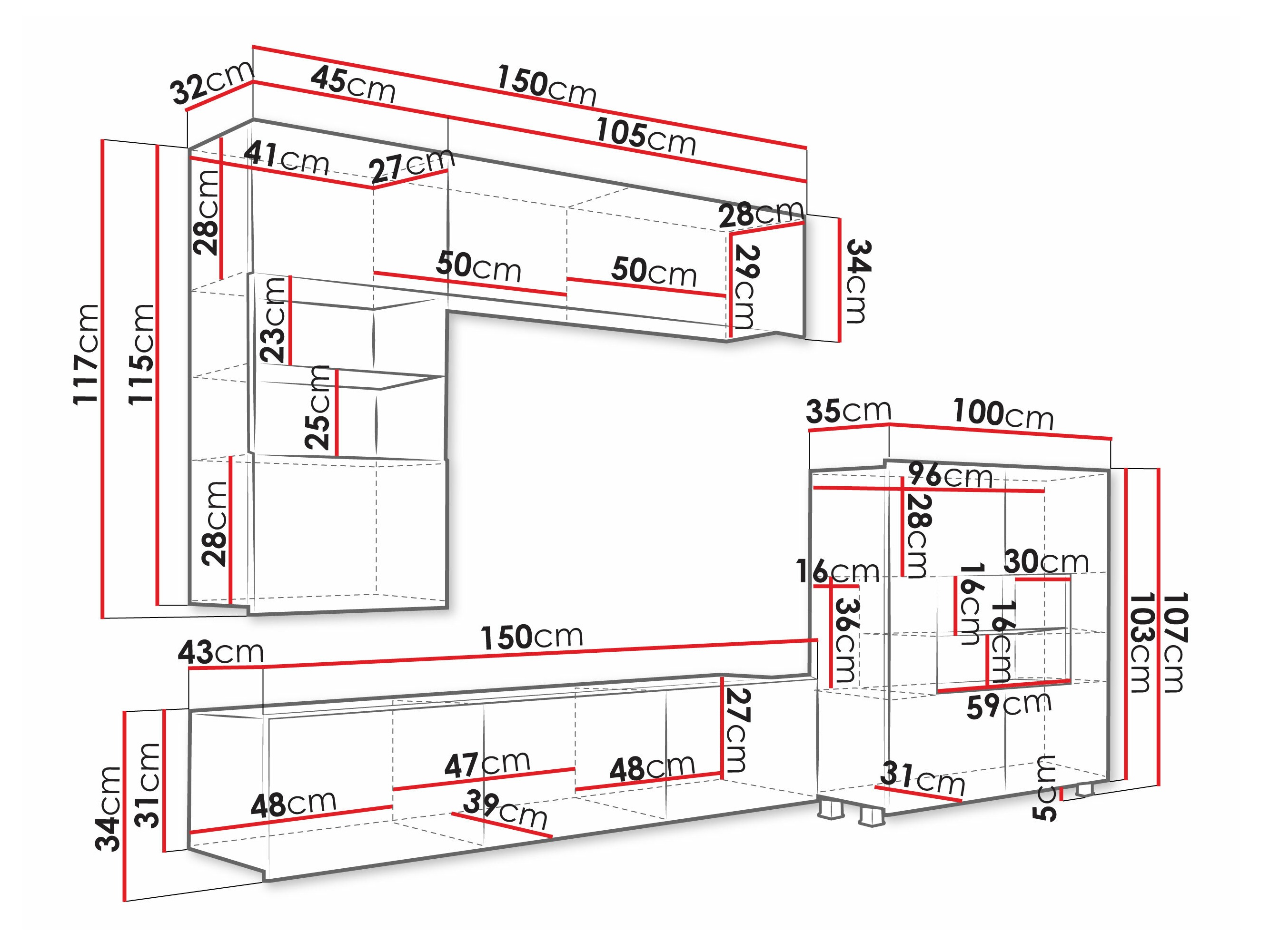 Woonkamerset Tivdalu 107 (Zwart + Glanzend zwart)