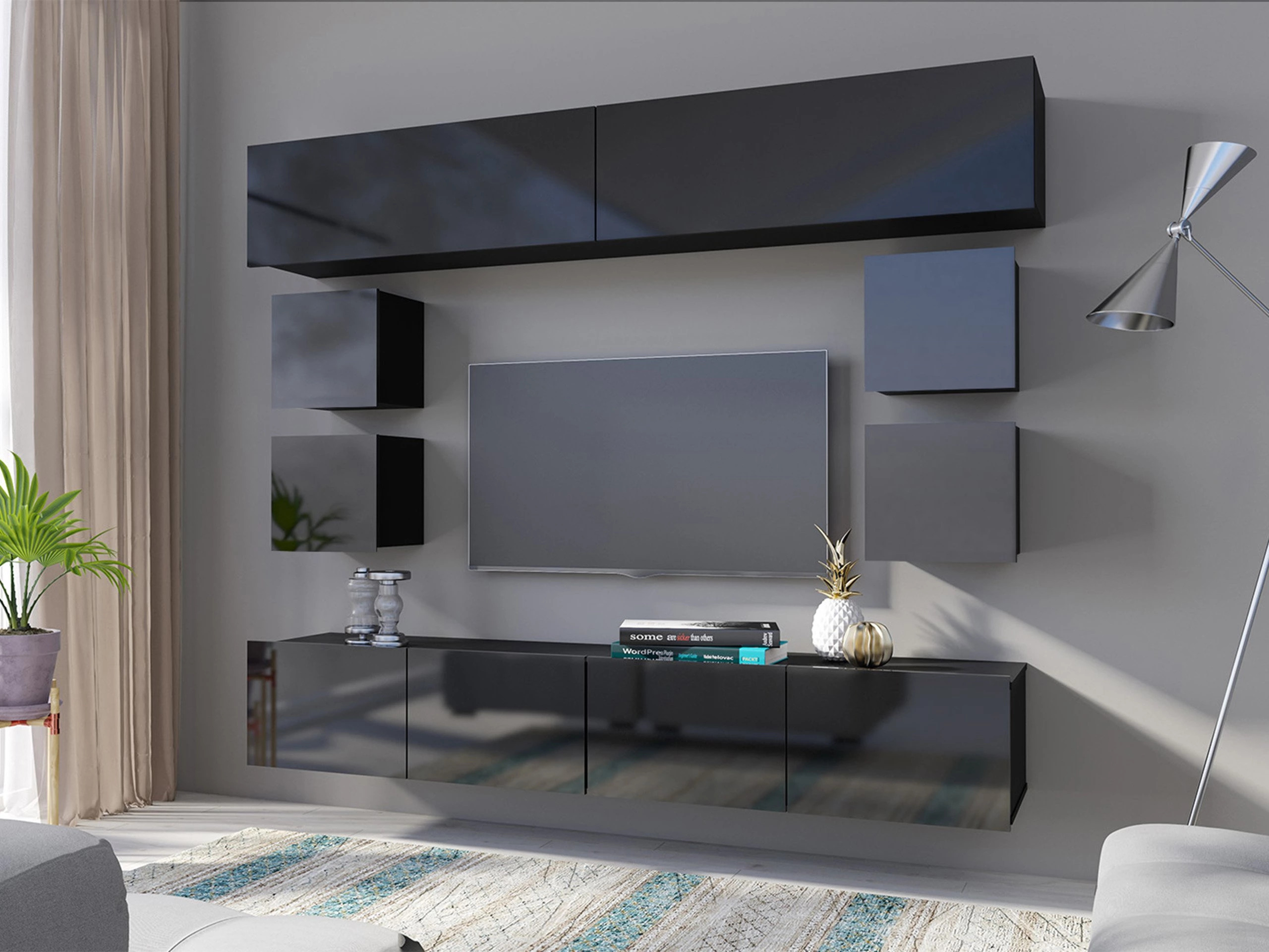 Wandkast Remus II (Zwart + Glanzend zwart)