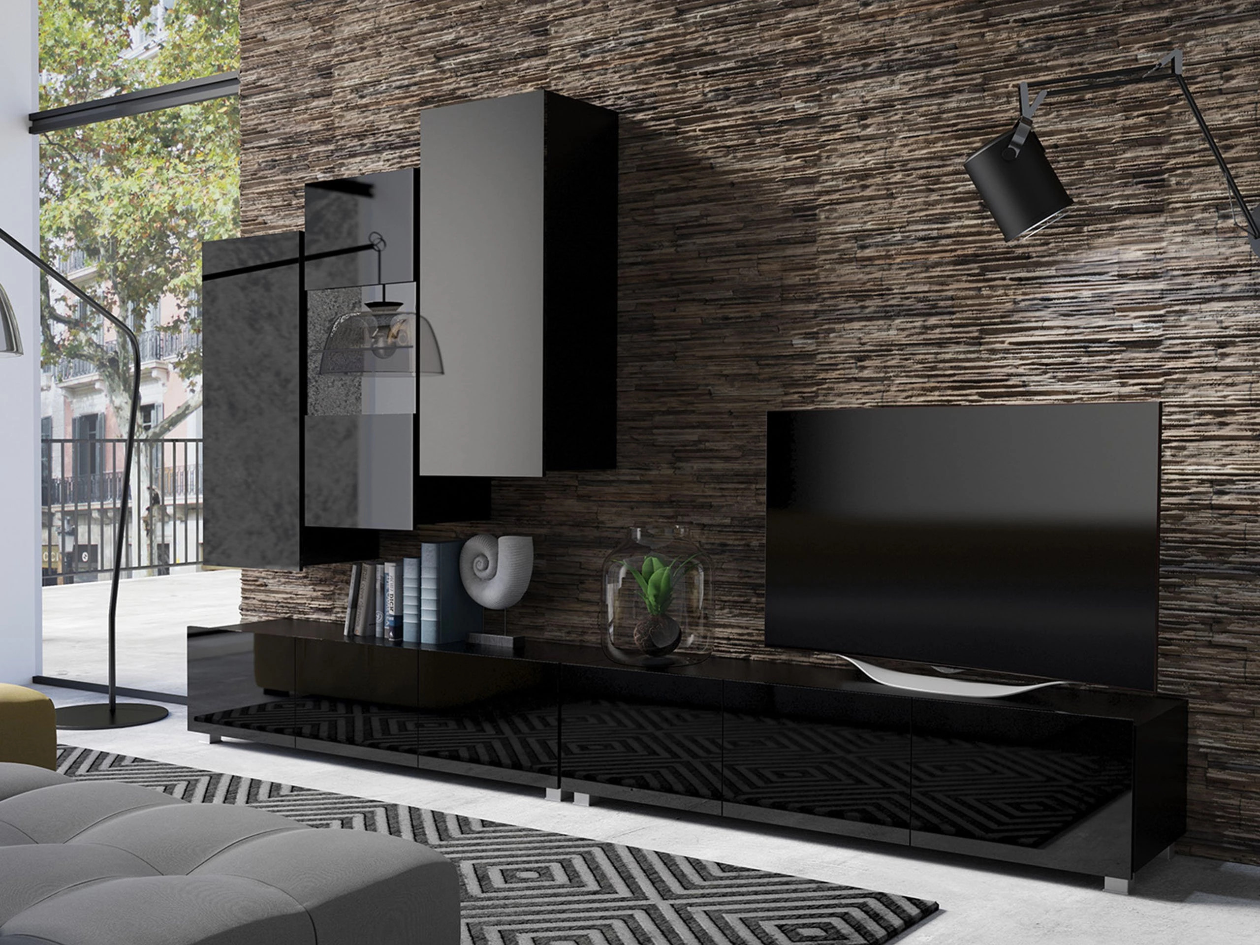 Wandkast Remus III (Zwart + Glanzend zwart)