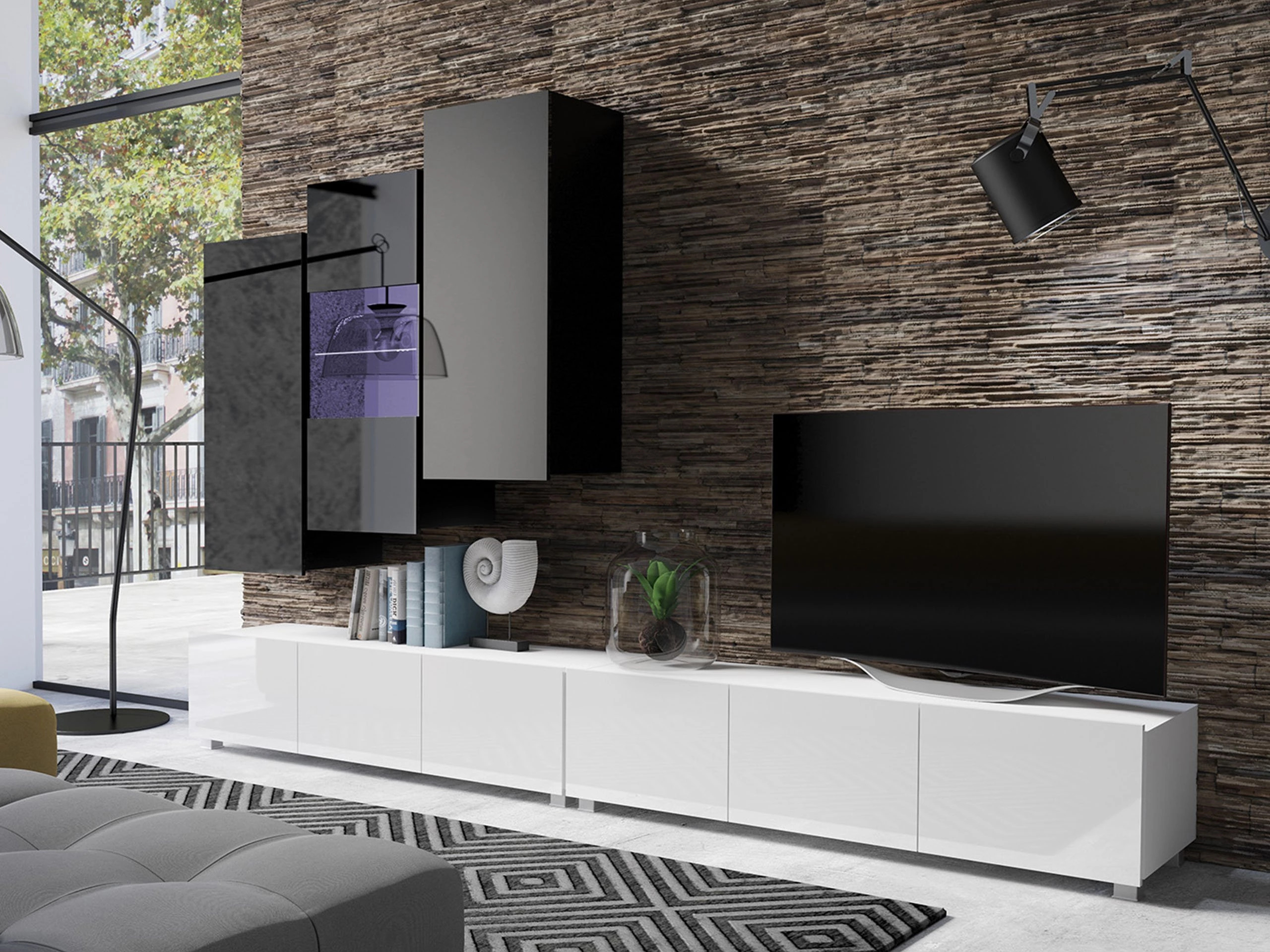 Woonkamerset Remus XVII (Wit + Glanzend wit + Zwart + Glanzend zwart)