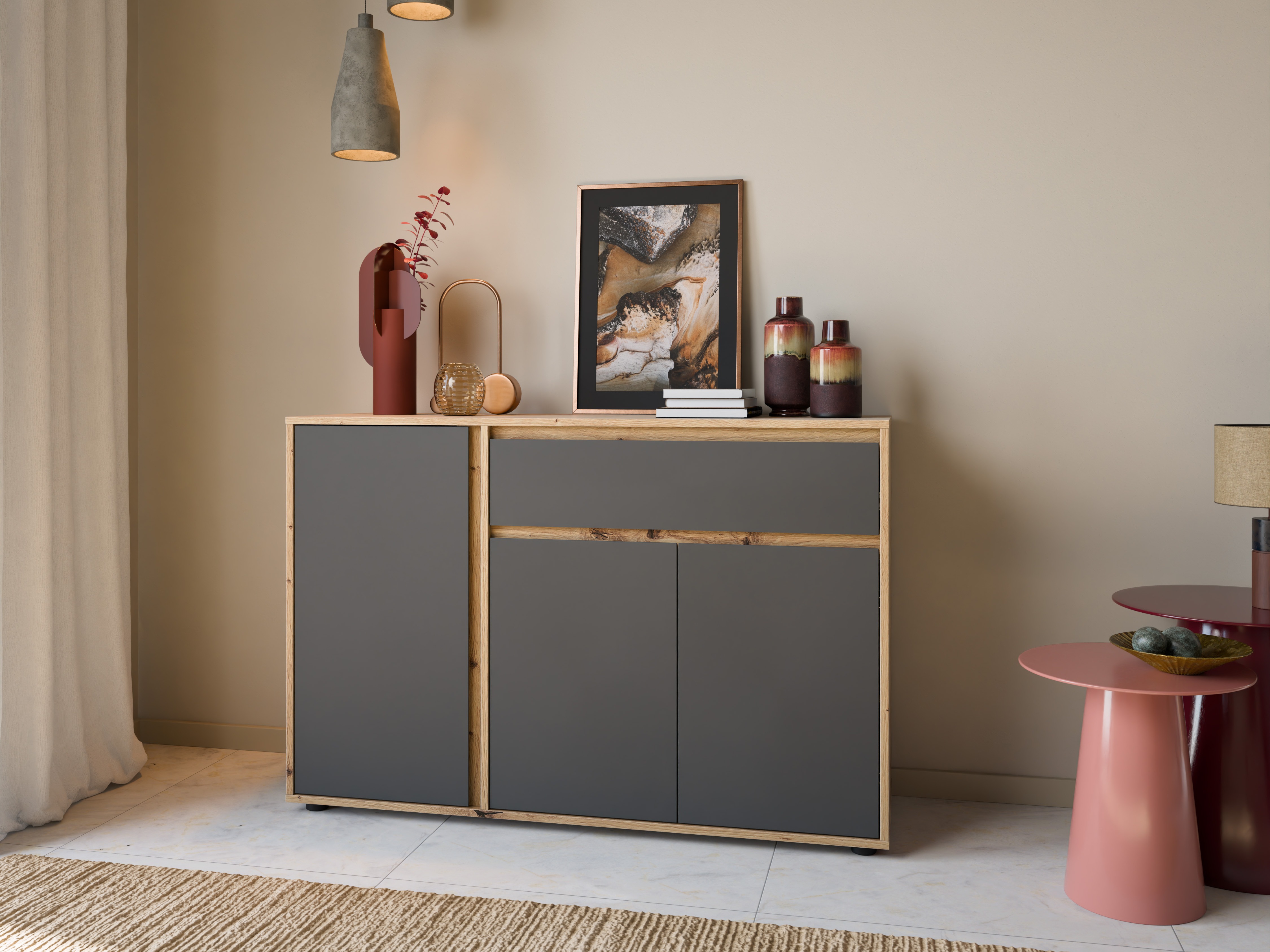 Ladekast Torcavi 100 (Antraciet + Artisan eiken)