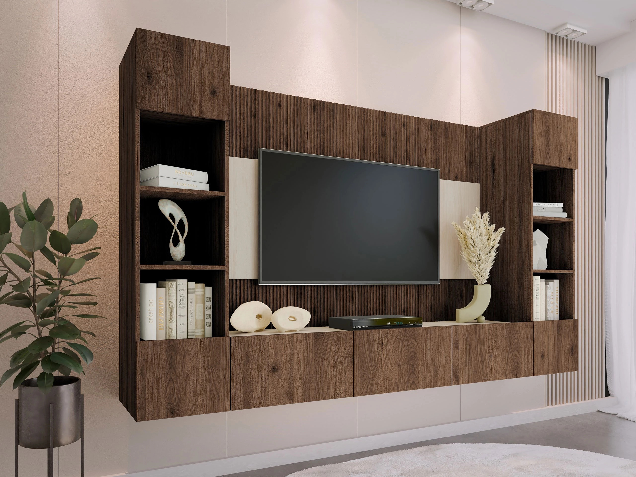 Woonkamerset Comfivo Salix I (Notenhout + Licht Travertine)