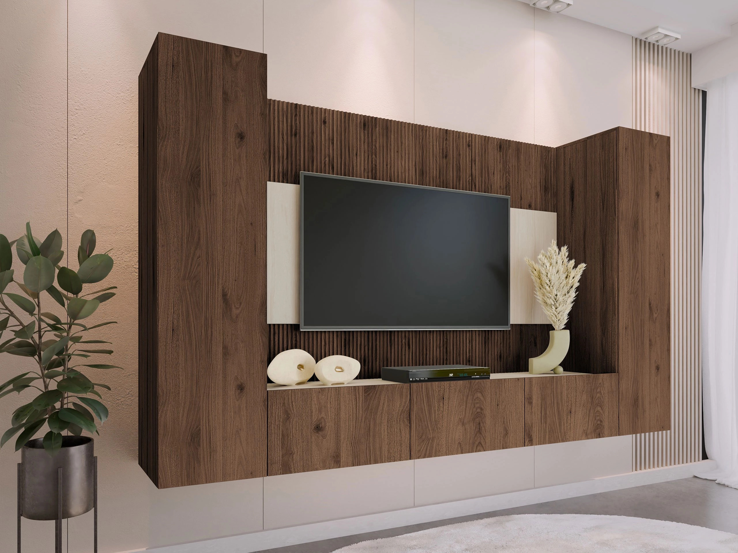 Woonkamerset Comfivo Salix V (Notenhout + Licht travertin)