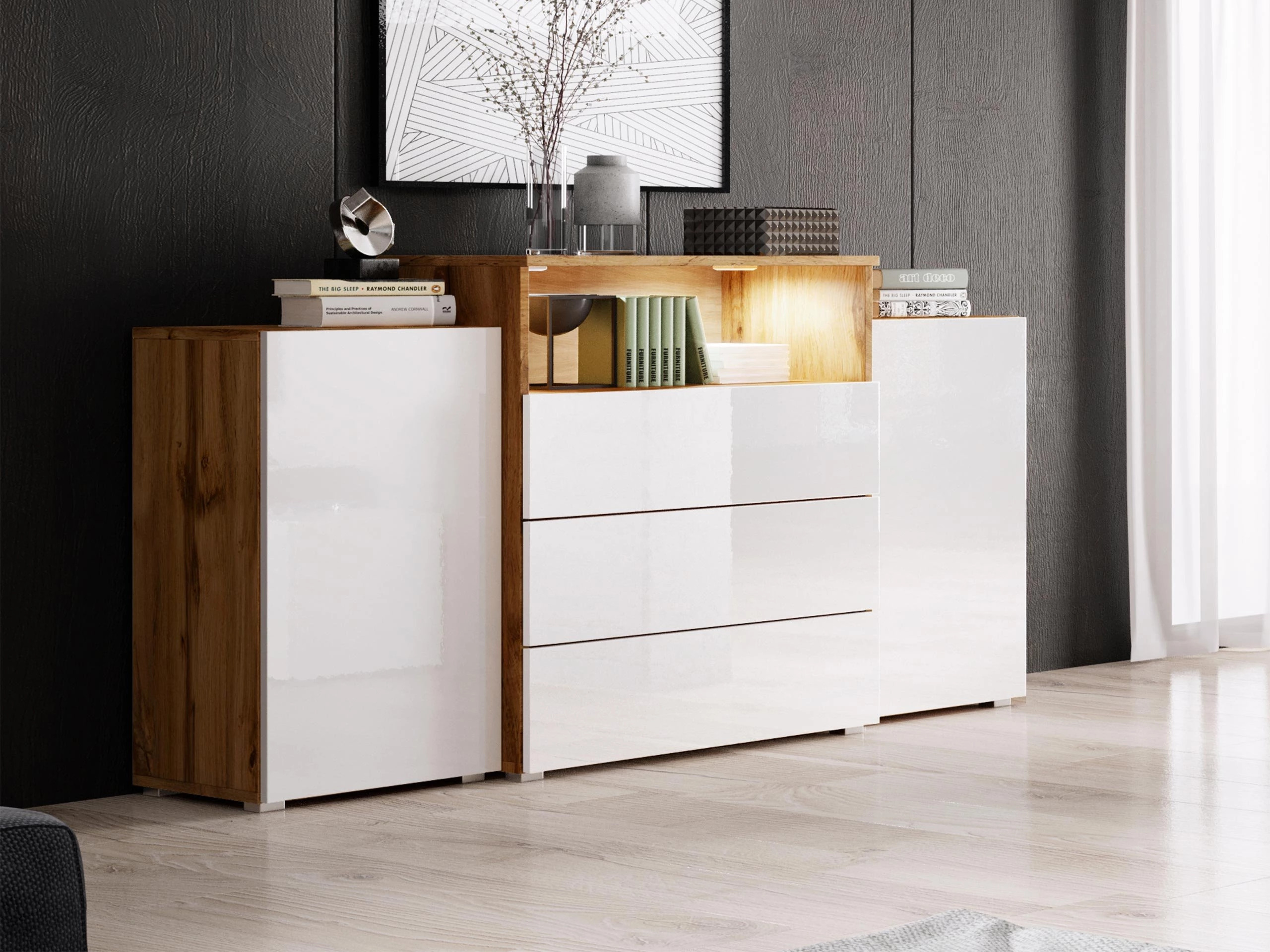 Ladekast Sarasota 127 (Wotan eik + Glanzend wit)