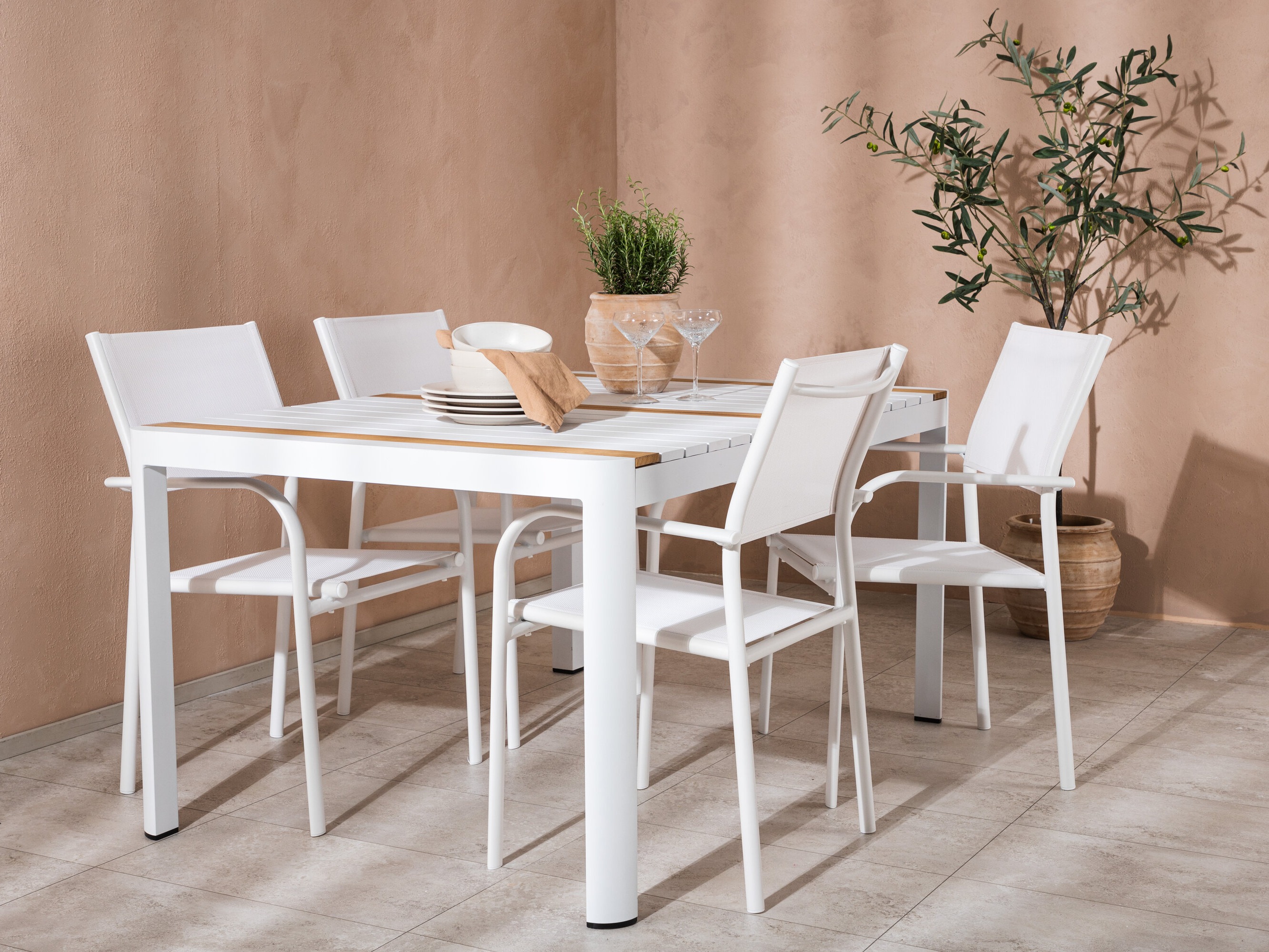 Tafel en stoelen set Dallas 5318 (Wit + Teak)