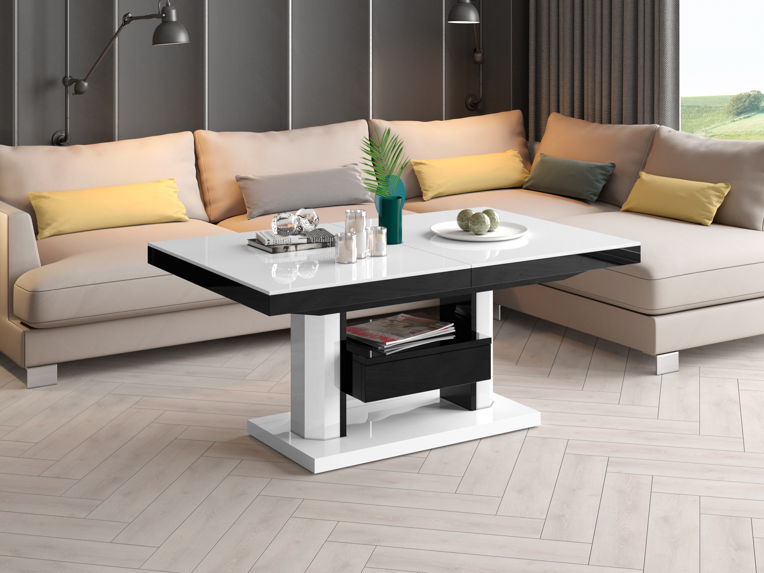 Transformeerbare salontafel Hoboken 100 (Glanzend wit + Glanzend zwart)