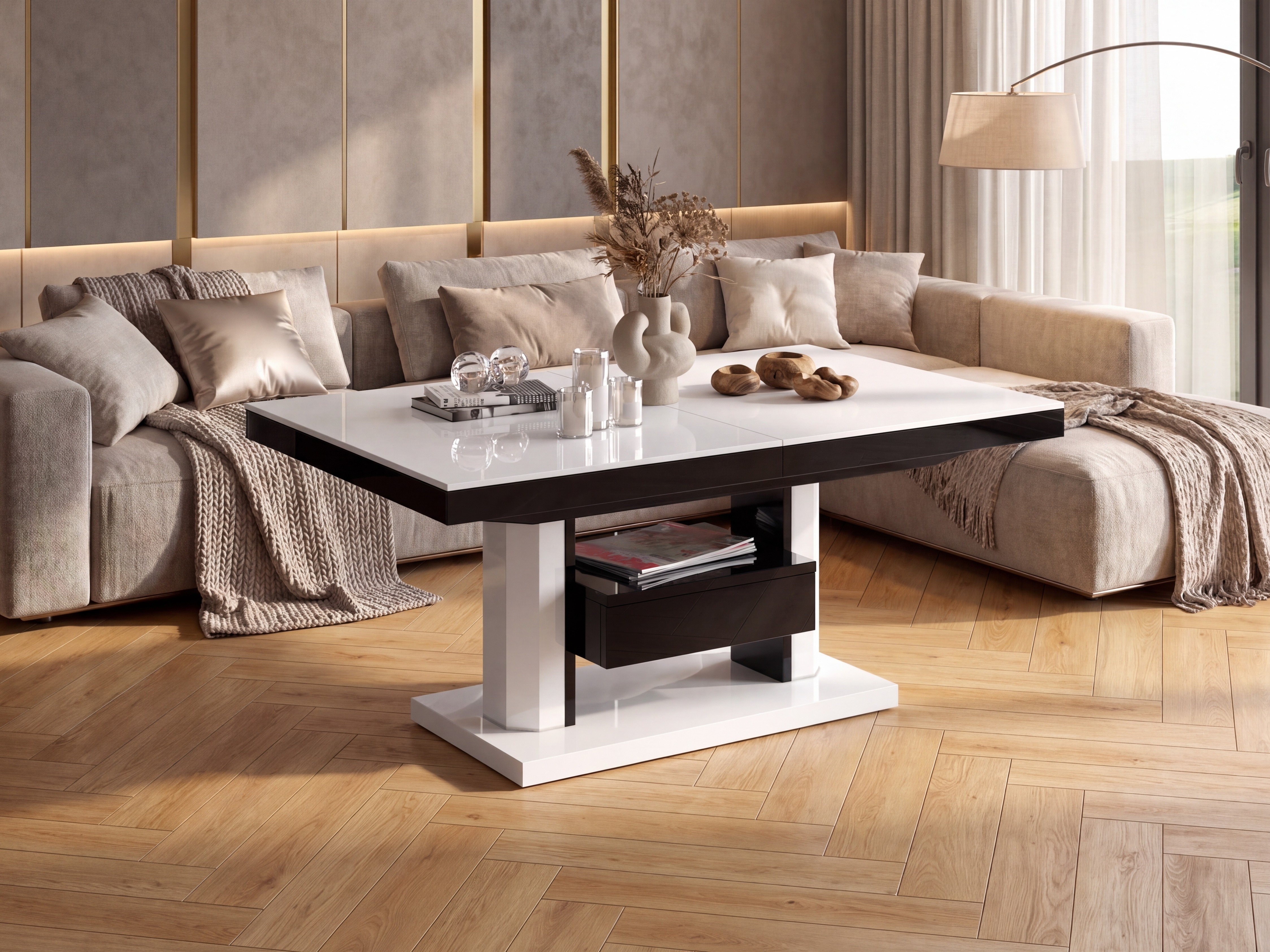 Transformeerbare salontafel Hoboken 100 (Glanzend wit + Glanzend zwart)