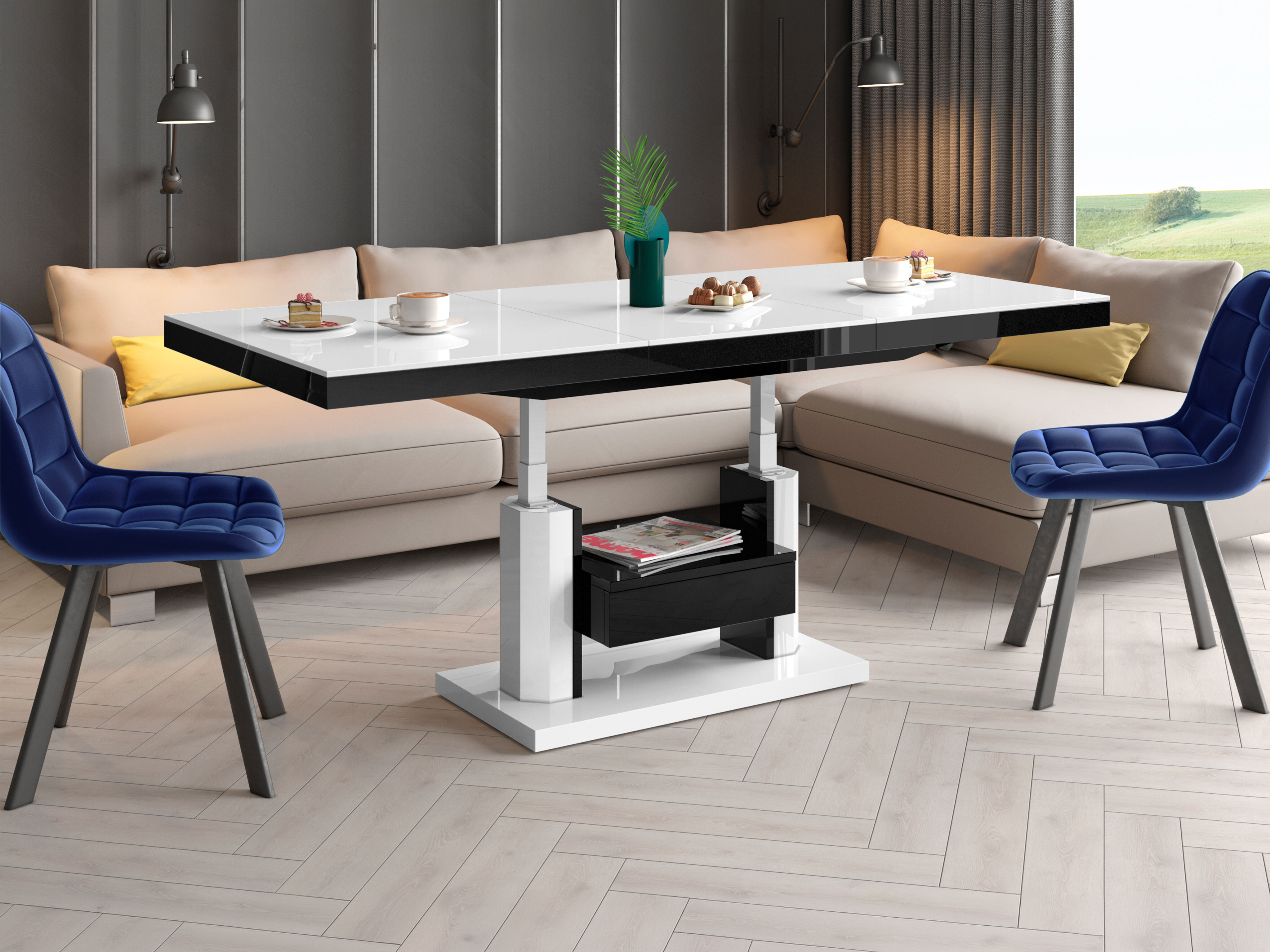 Transformeerbare salontafel Hoboken 100 (Glanzend wit + Glanzend zwart)