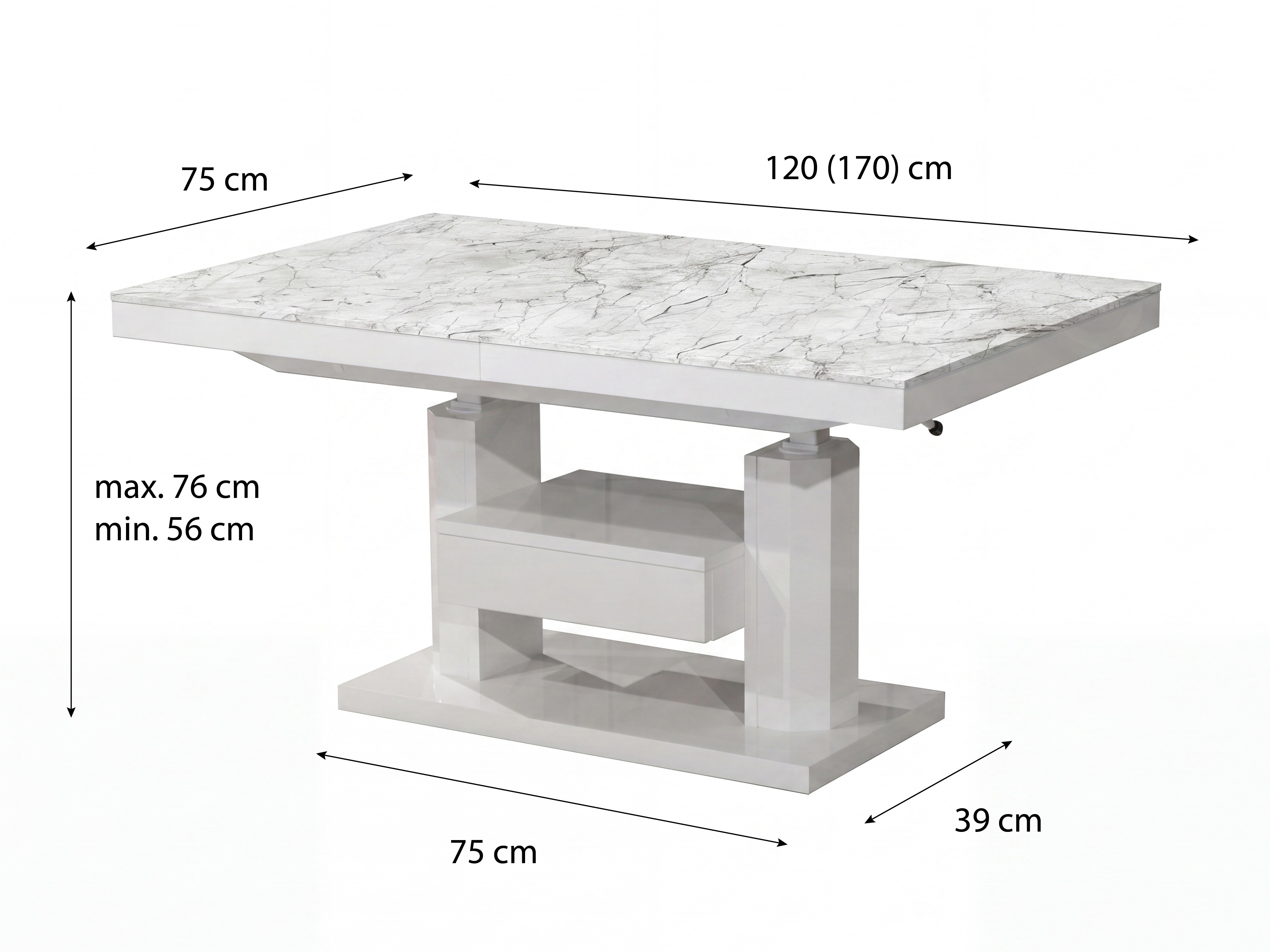 Transformeerbare salontafel Hoboken 100 (Wit marmer + Glanzend wit)