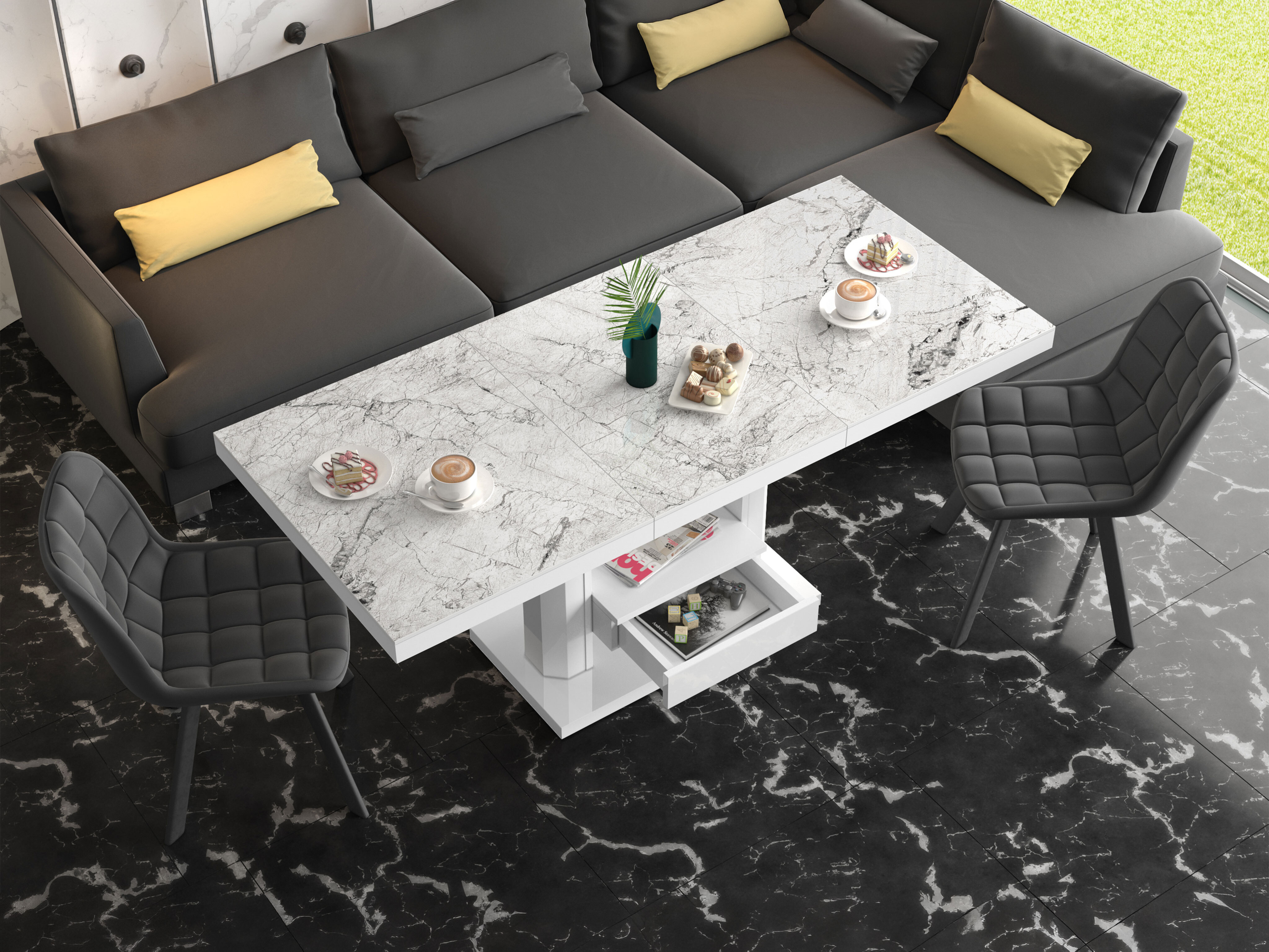 Transformeerbare salontafel Hoboken 100 (Wit marmer + Glanzend wit)