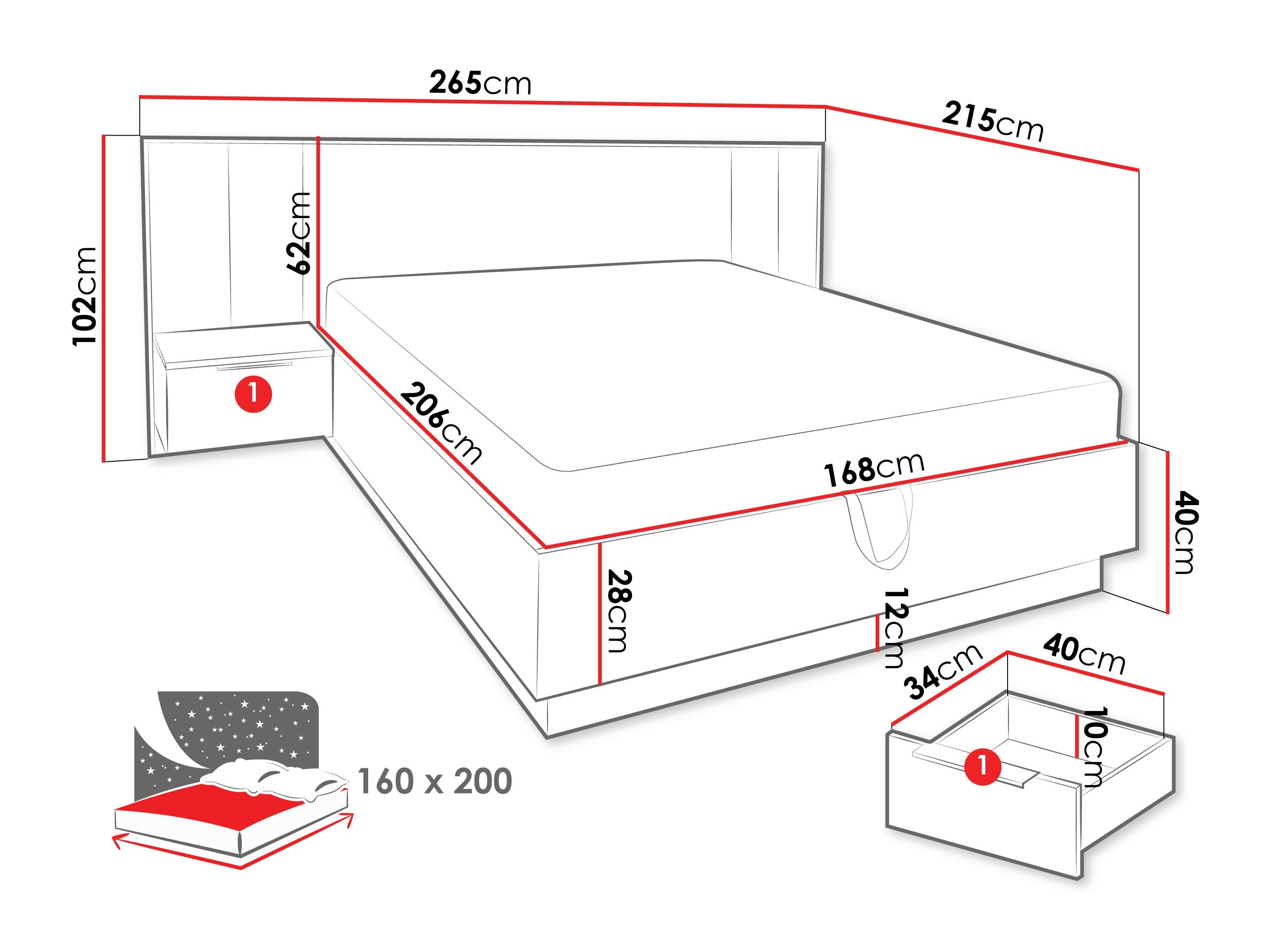 Bed Collis (Wotan eik + Zwart)