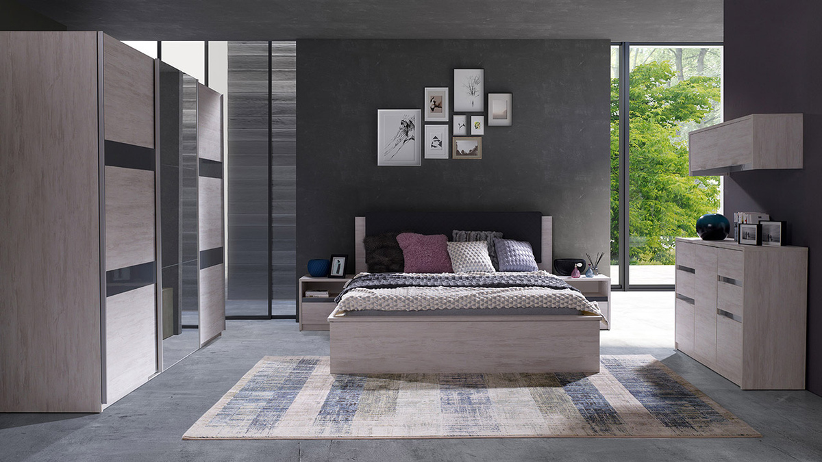 Slaapkamer set Fivelbo 120 (Gebleekt eiken + Grafiet glanzend)