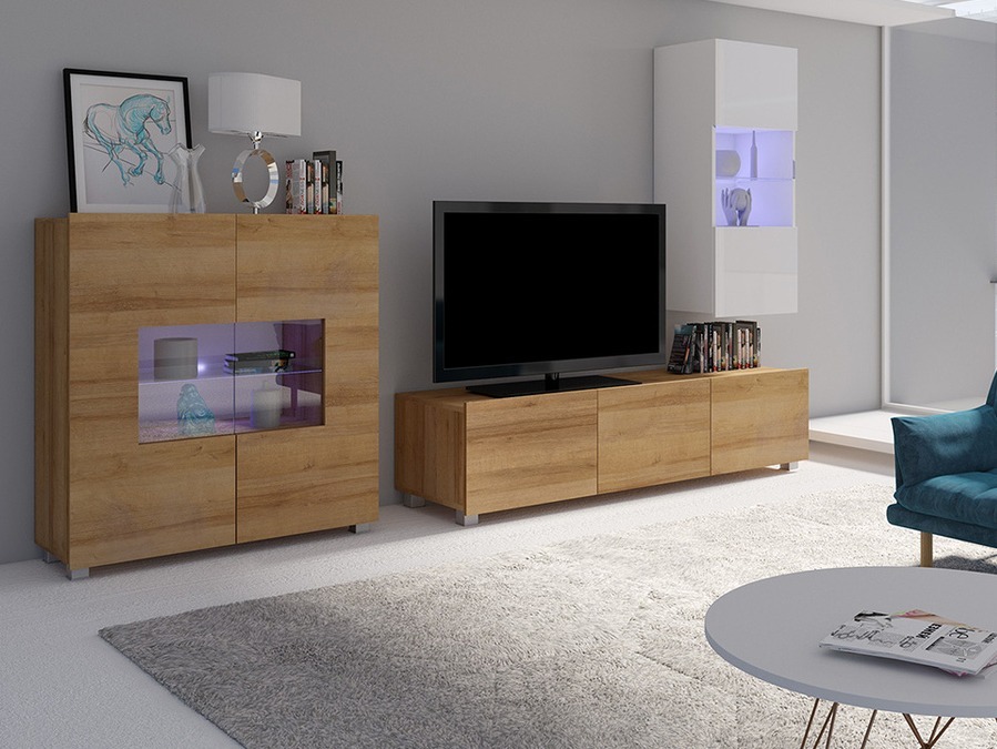 Woonkamerset Tivdalu 111 (Gouden eik + Wit + Glanzend wit)