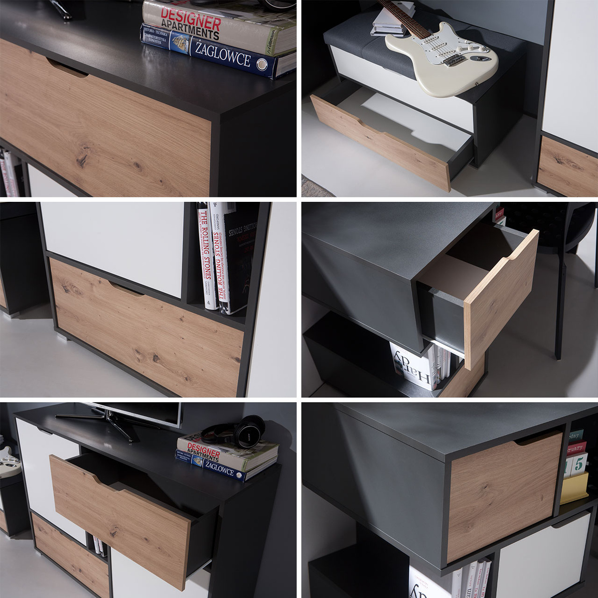 Woonkamerset Providence H116 (Grafiet + Artisan eiken + Wit)