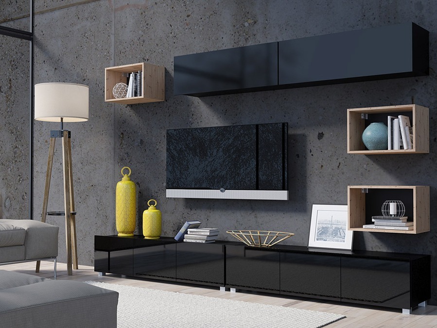 Woonkamerset Remus XXXI (Zwart + Glanzend zwart + Artisan eiken)