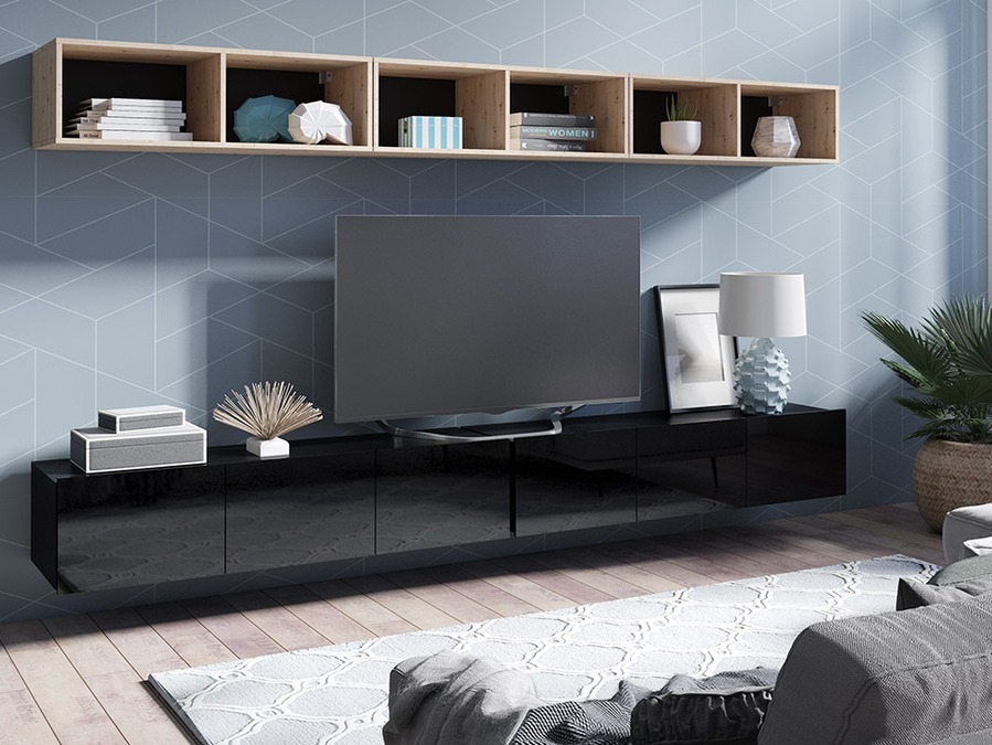 Woonkamerset Remus XXXIII (Zwart + Glanzend zwart + Artisan eiken)