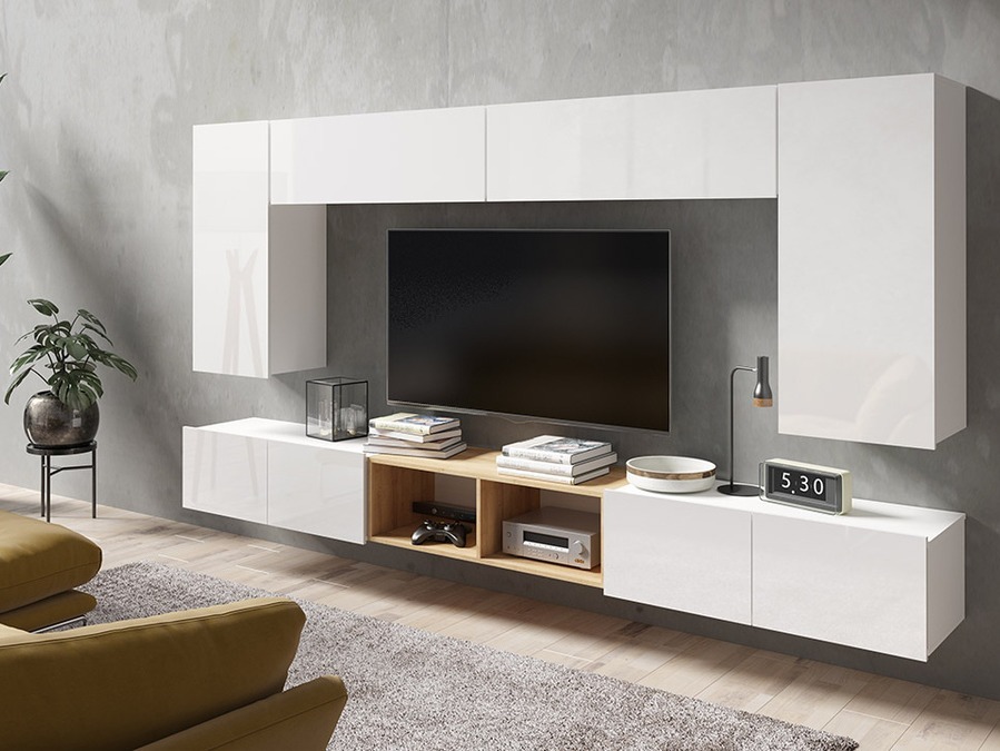 Woonkamerset Tivdalu 143 (Wit + Glanzend wit + Gouden eik)