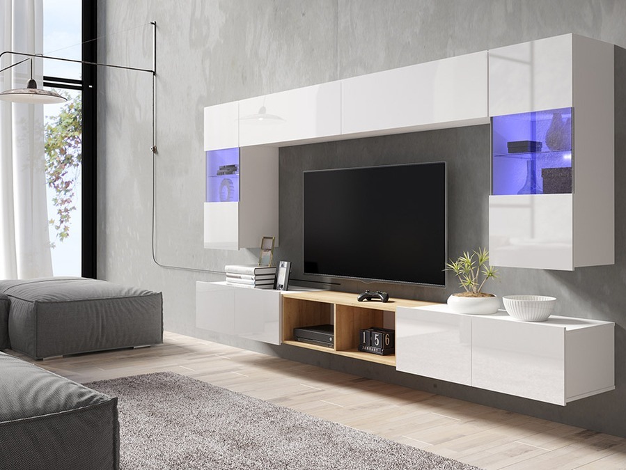 Woonkamerset Tivdalu 144 (Wit + Glanzend wit + Gouden eik)