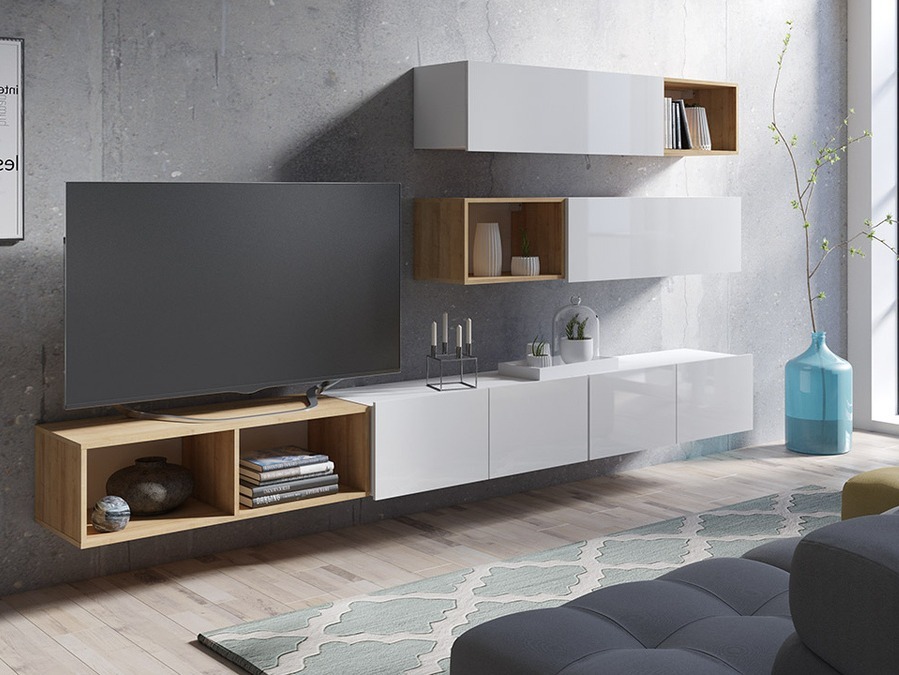 Woonkamerset Tivdalu 145 (Wit + Glanzend wit + Gouden eik)