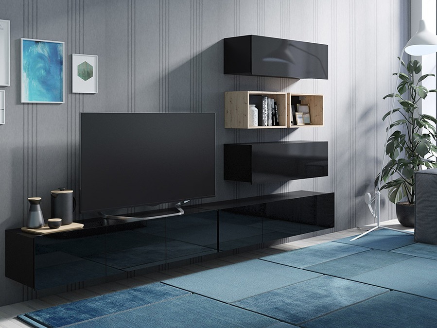 Woonkamerset Tivdalu 147 (Zwart + Glanzend zwart + Artisan eiken)
