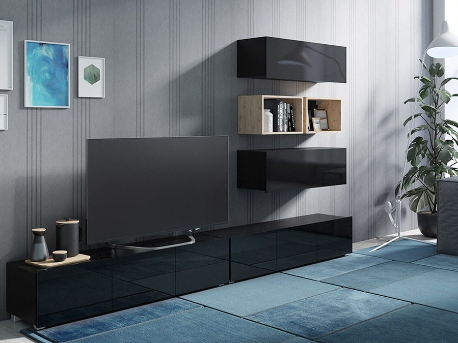 Woonkamerset Tivdalu 147 (Zwart + Glanzend zwart + Artisan eiken)