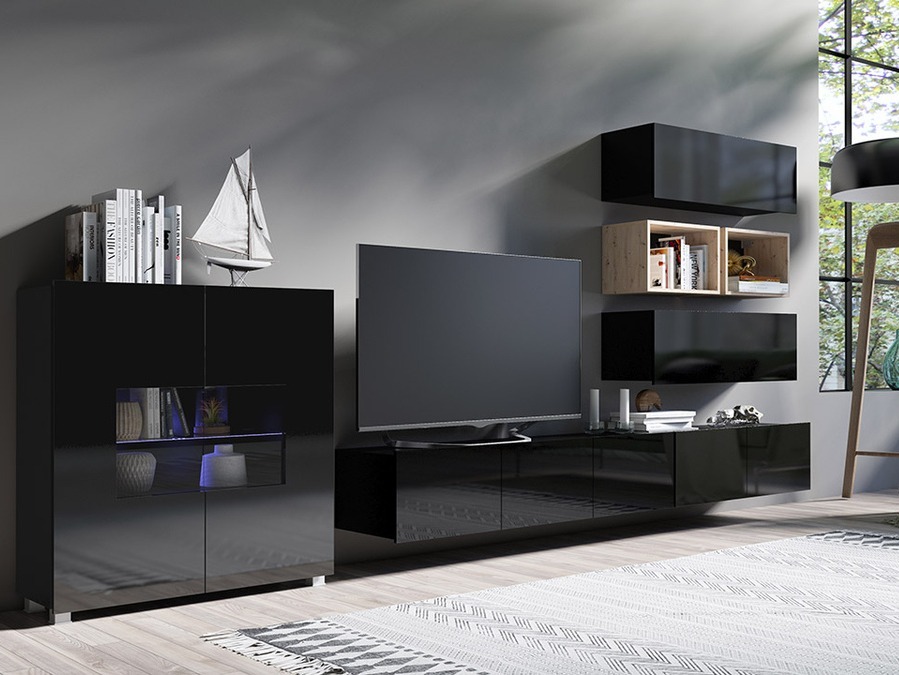 Woonkamerset Tivdalu 148 (Zwart + Glanzend zwart + Artisan eiken)