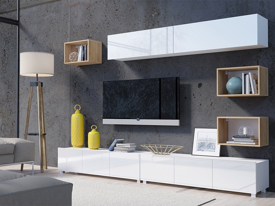 Woonkamerset Tivdalu 151 (Wit + Glanzend wit + Gouden eik)