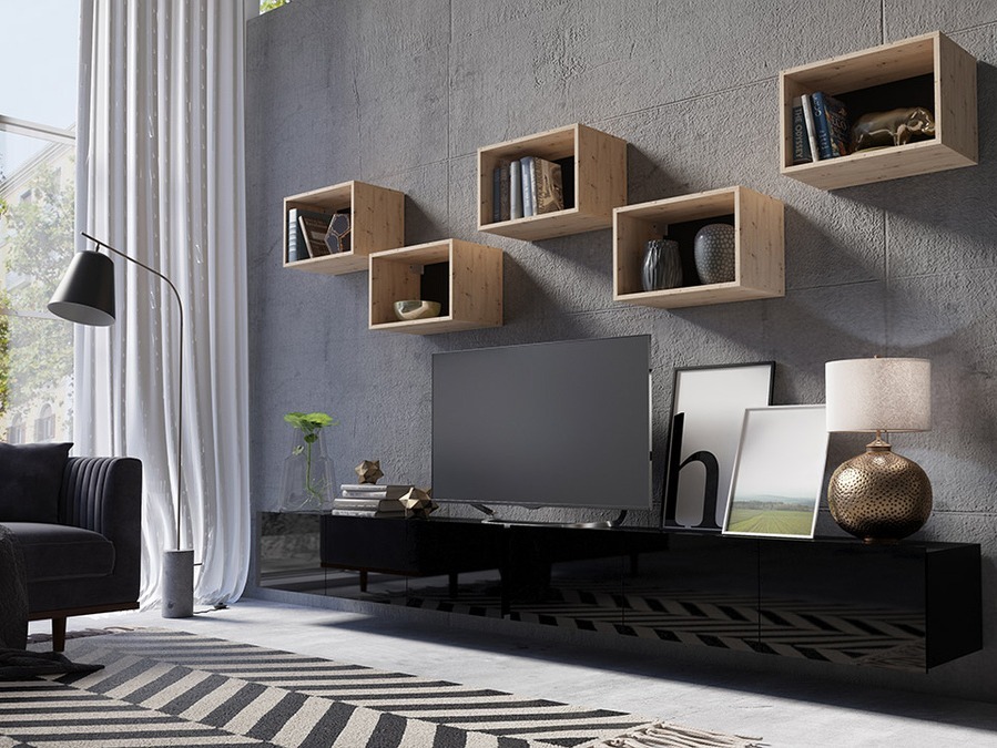 Woonkamerset Tivdalu 152 (Zwart + Glanzend zwart + Artisan eiken)